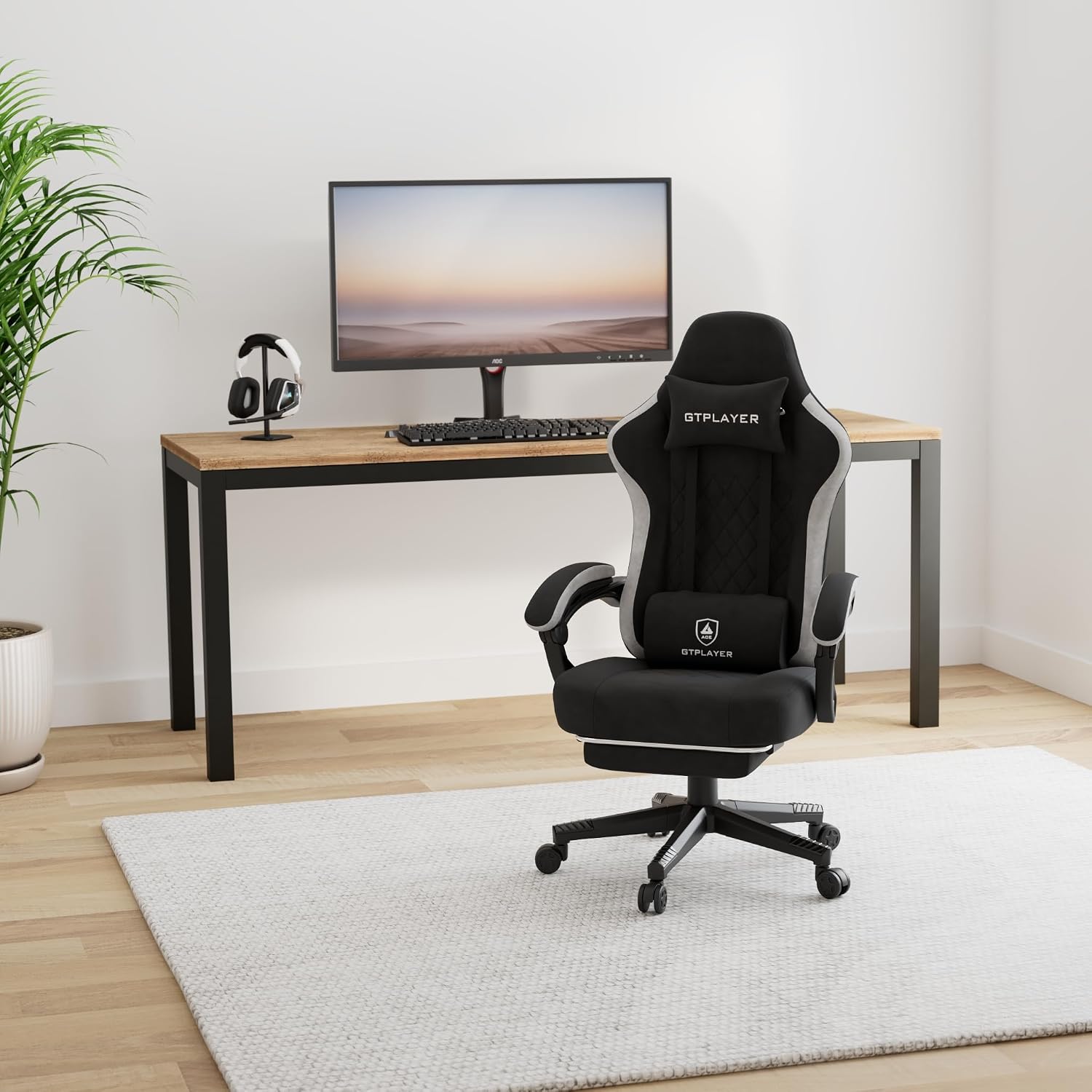 GTPLAYER Gaming Stuhl Ergonomischer Gaming Sessel Schreibtischstuhl mit Stoffoberfläche, Federsitzkissen, Verbindungsarmlehnen und Fußstütze 150KG, hellschwarz – Bild 2