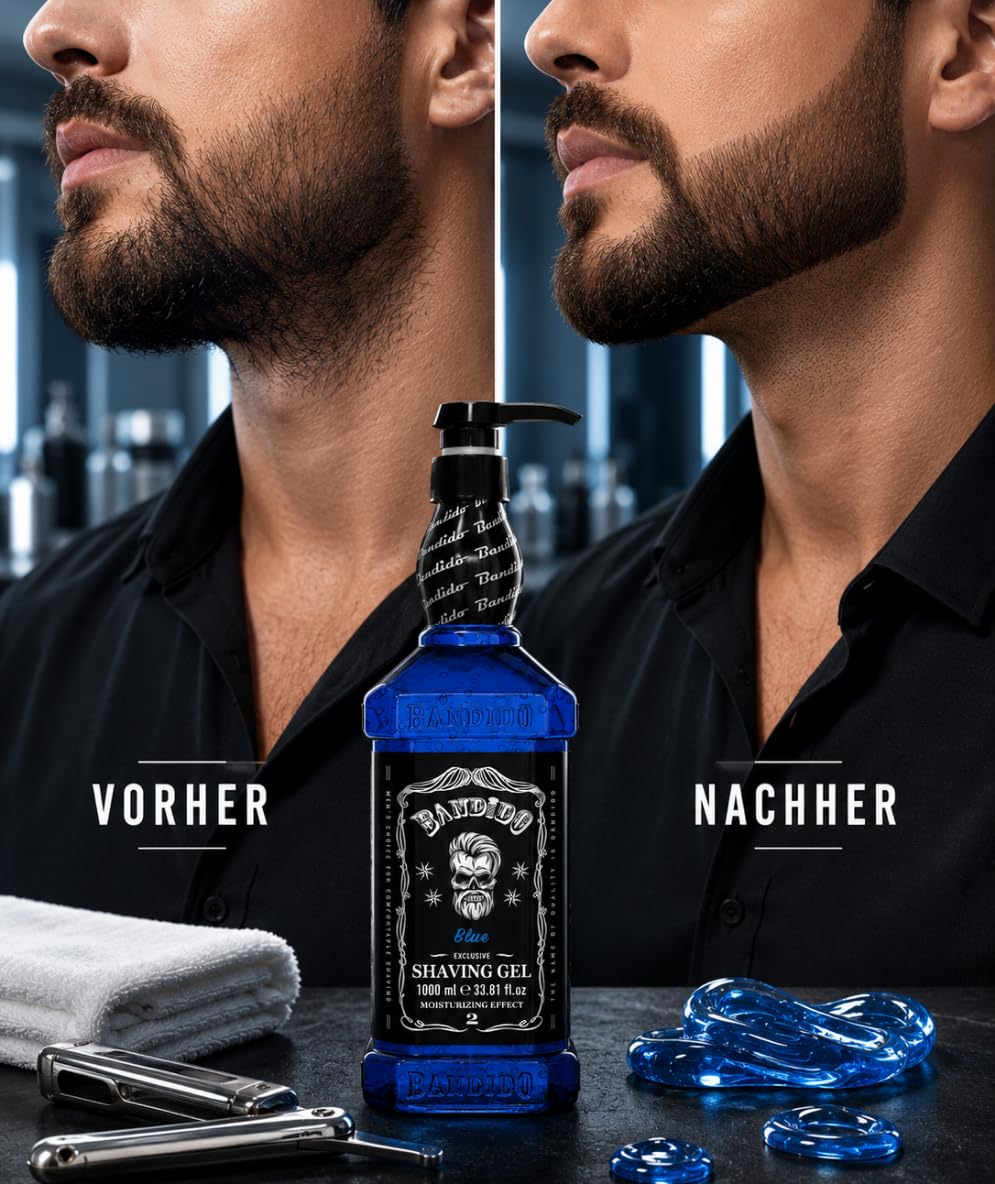 Bandido Shaving Gel Men Red & Blue 1000ml Rasiergel Transparent Männer Rasur Herren nicht-schäumend präzise Rasur der Bartkonturen mit jeder Rasierklinge Rasiermesser Herren verwendbar (Blue 1000ml) – Bild 5