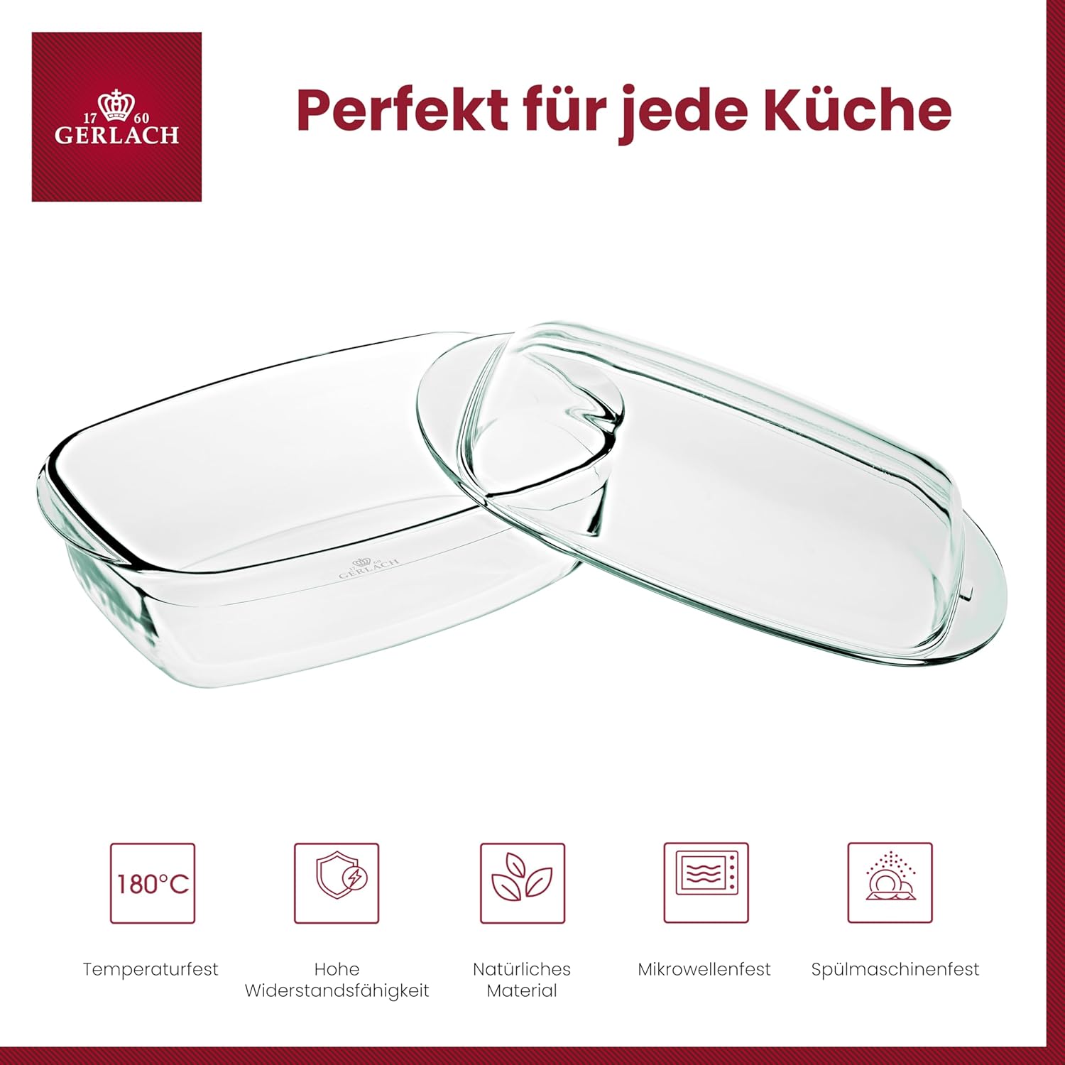 Gerlach 1760 Auflaufform 4,5 l Aus Hitzebeständigem Glas Borosilikatglas Mit Deckel Rechteckig 27 x 18 cm Für Backofen Gefrierfach Flow – Bild 3