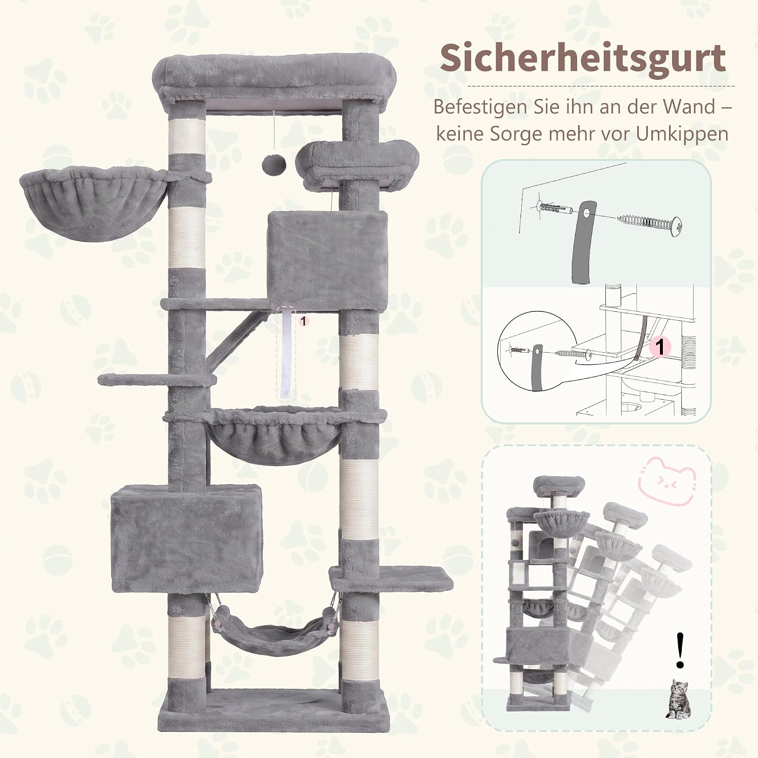 Heybly Kratzbaum, 180cm Katzenbaum für Wohnungskatzen, Hellgrau HCT034W – Bild 8