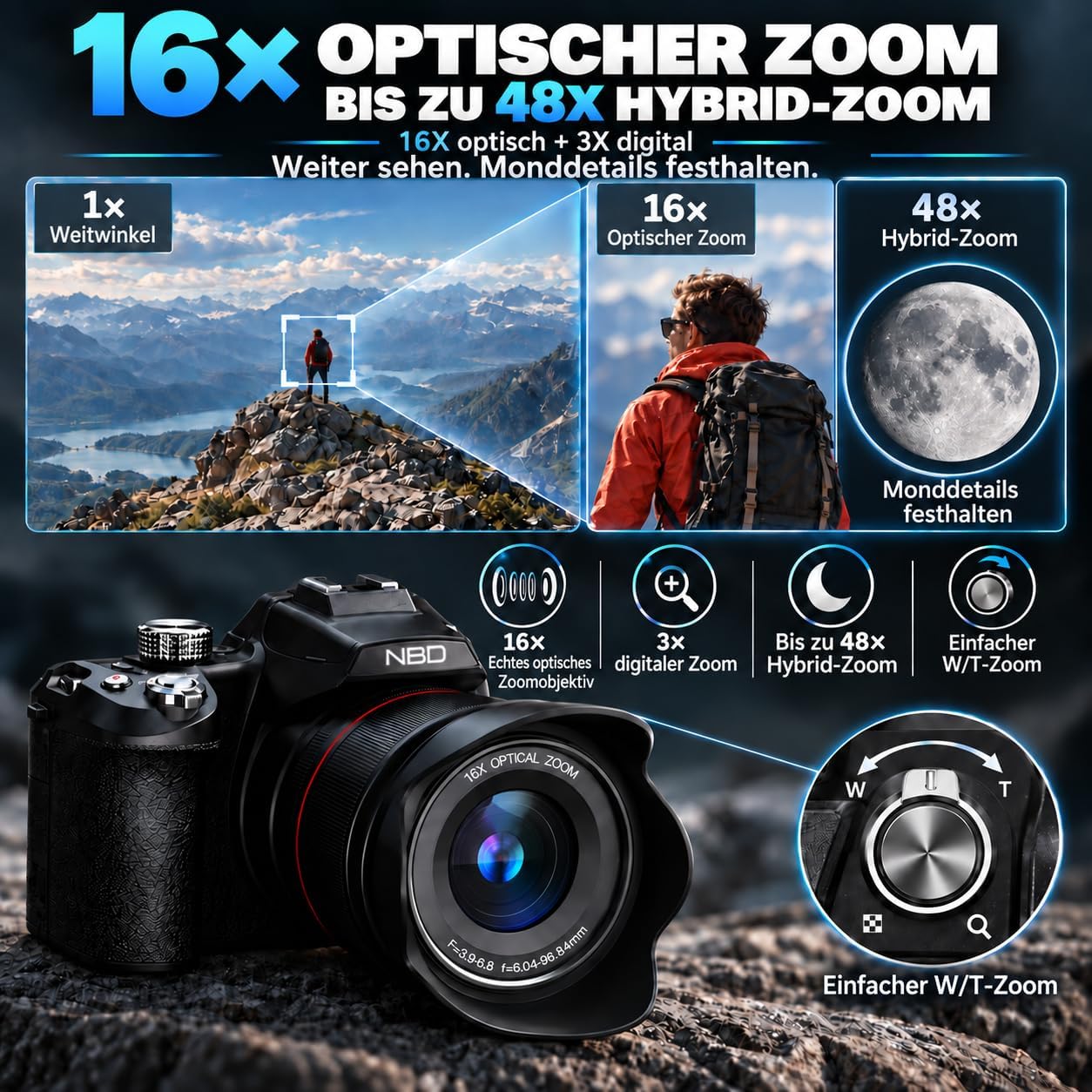 NBD 8K Digitalkamera 64MP, Autofokus, 16x optischer Zoom + 48x Hybridzoom – Bild 3