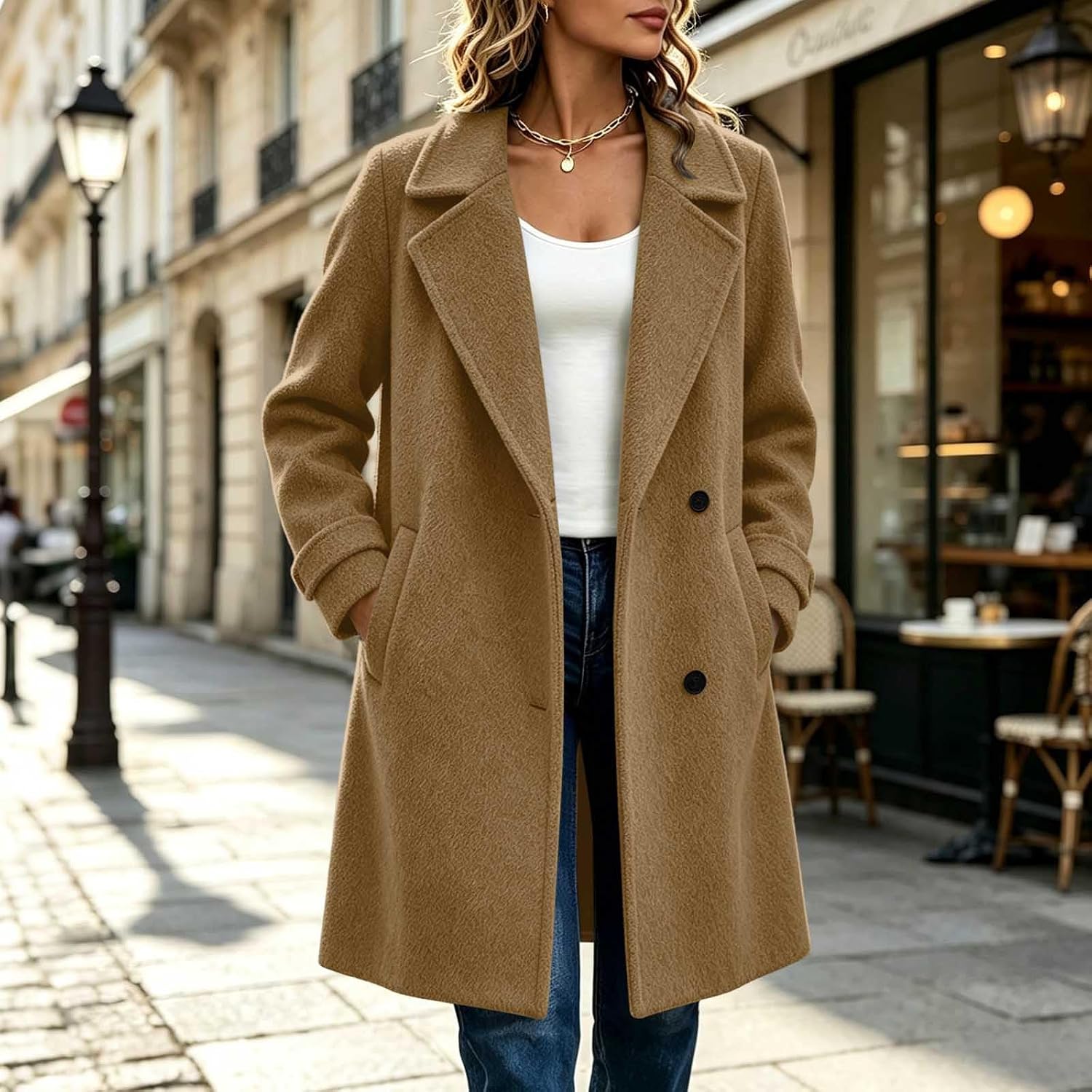 Wollmantel Damen Klassisch Zweireiher Mantel Langjacke Herbst Büro – Bild 6