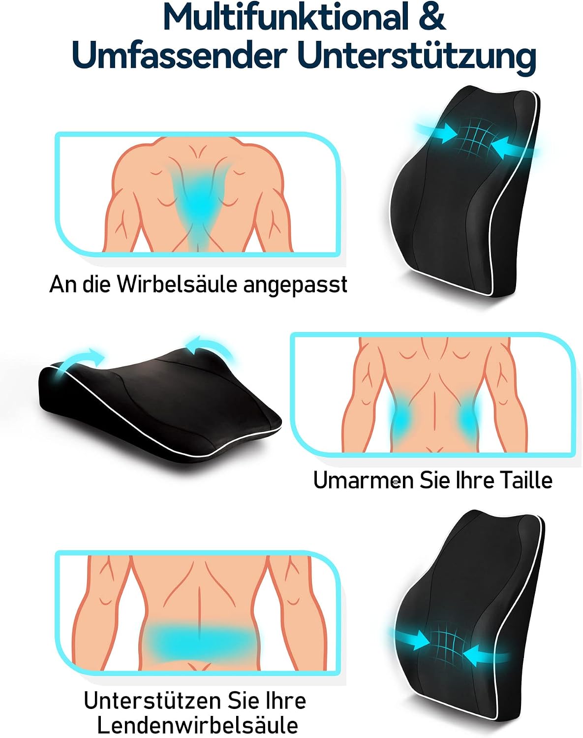 Travel Ease Ergonomisches RückenKissen aus Memory Foam, Lendenkissen für Bürostuhl, Schreibtischstuhl, mit Antistatischem, hautfreundlichem Bezug und für eine Bequeme Sitzhaltung (Schwarz) – Bild 4
