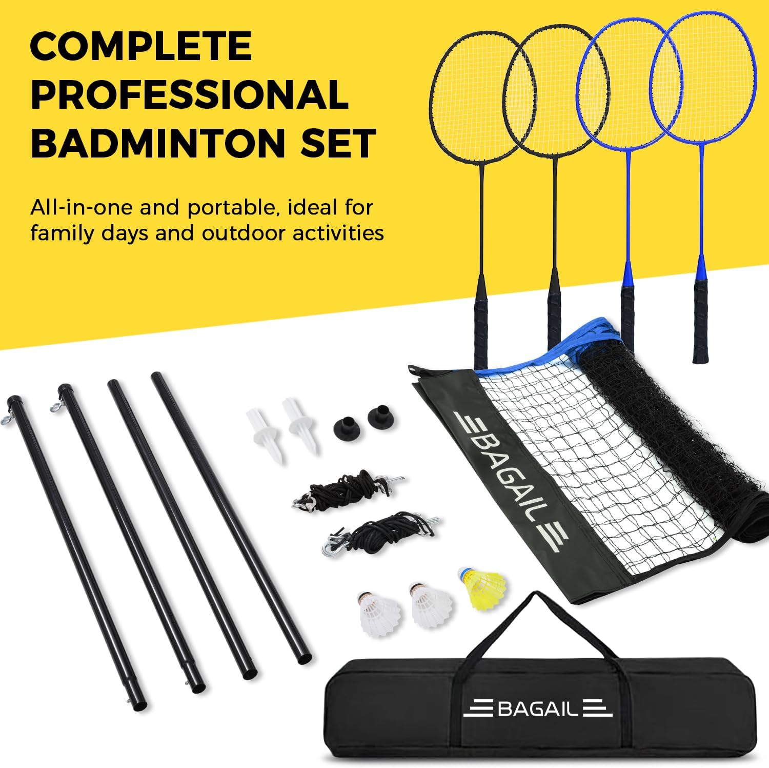 BAGAIL Professionelles Badmintonnetz-Set, TurnierschANDARD 6,1m x 1,55m, Allwettertauglich PE-Netz, 5-Minuten-Montage, Mit 4 Schlägern, 3 Schittern und Tragetasche – Bild 6
