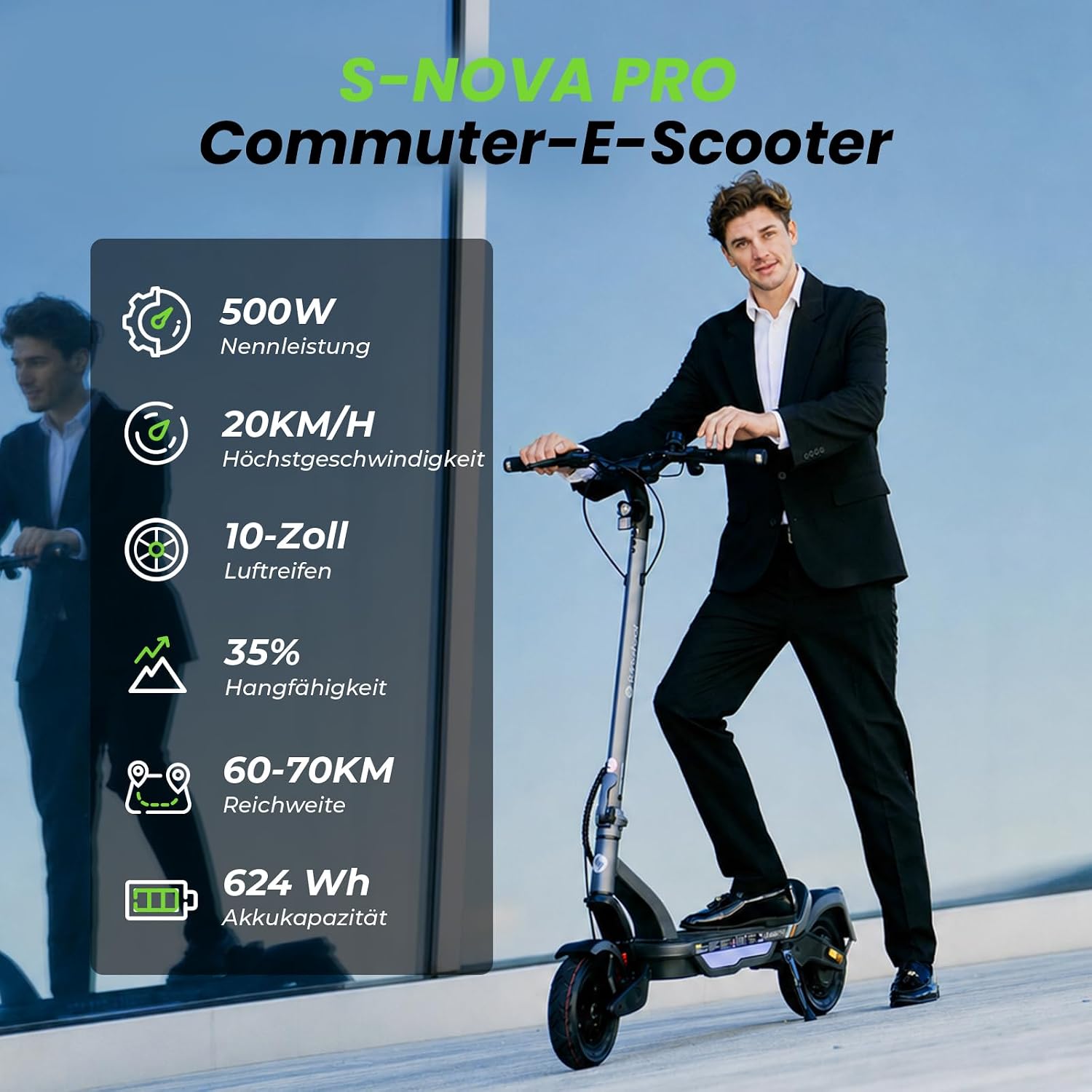 isinwheel S-Nova Pro E Scooter mit Straßenzulassung, Bis 70km Reichweite 500W Motor, Federung & Luftreifen für maximalen Fahrkomfort, Klappbar City E-Roller für Pendler – Bild 3