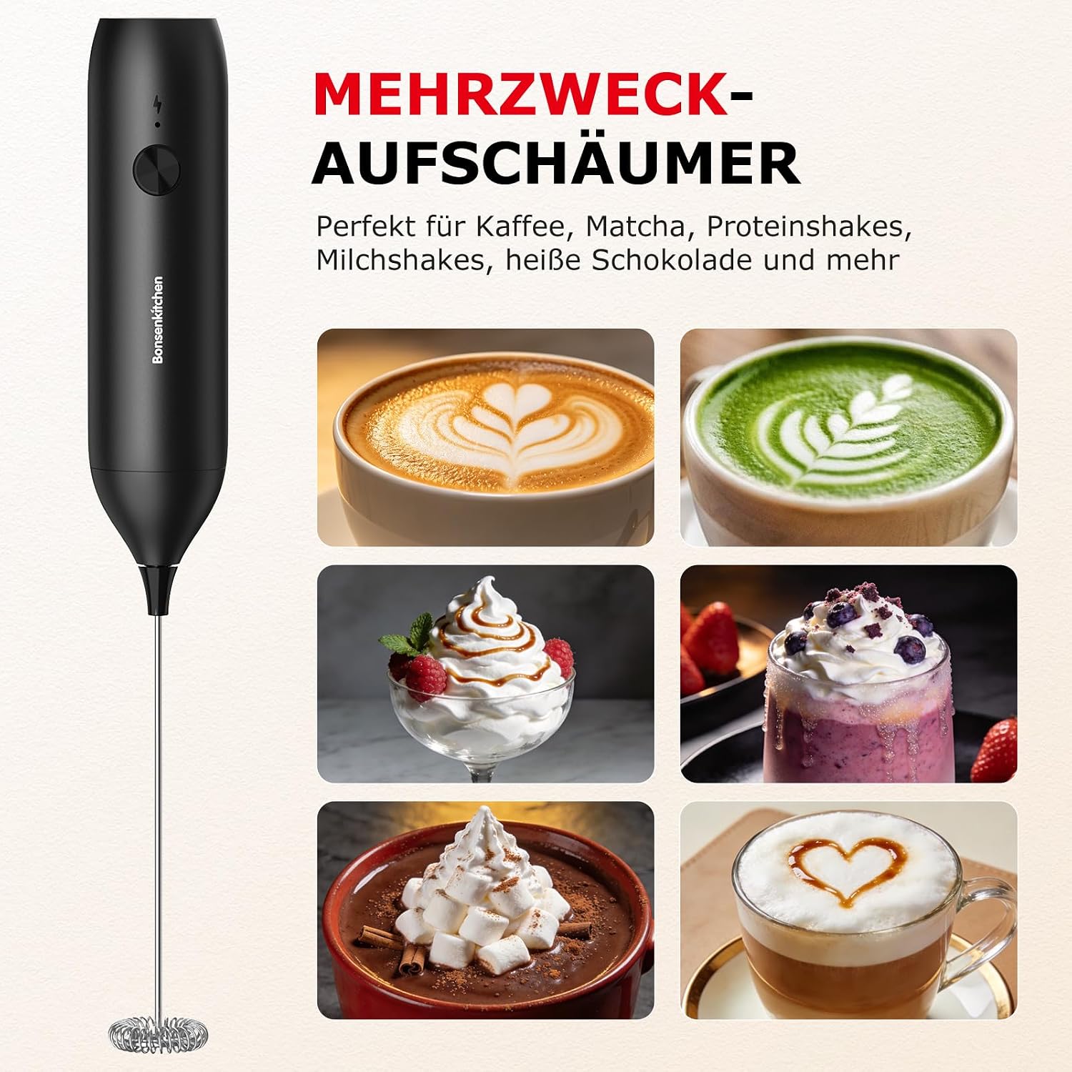 Bonsenkitchen Wiederaufladbarer Milchaufschäumer, Handmilchaufschäumer – Bild 5