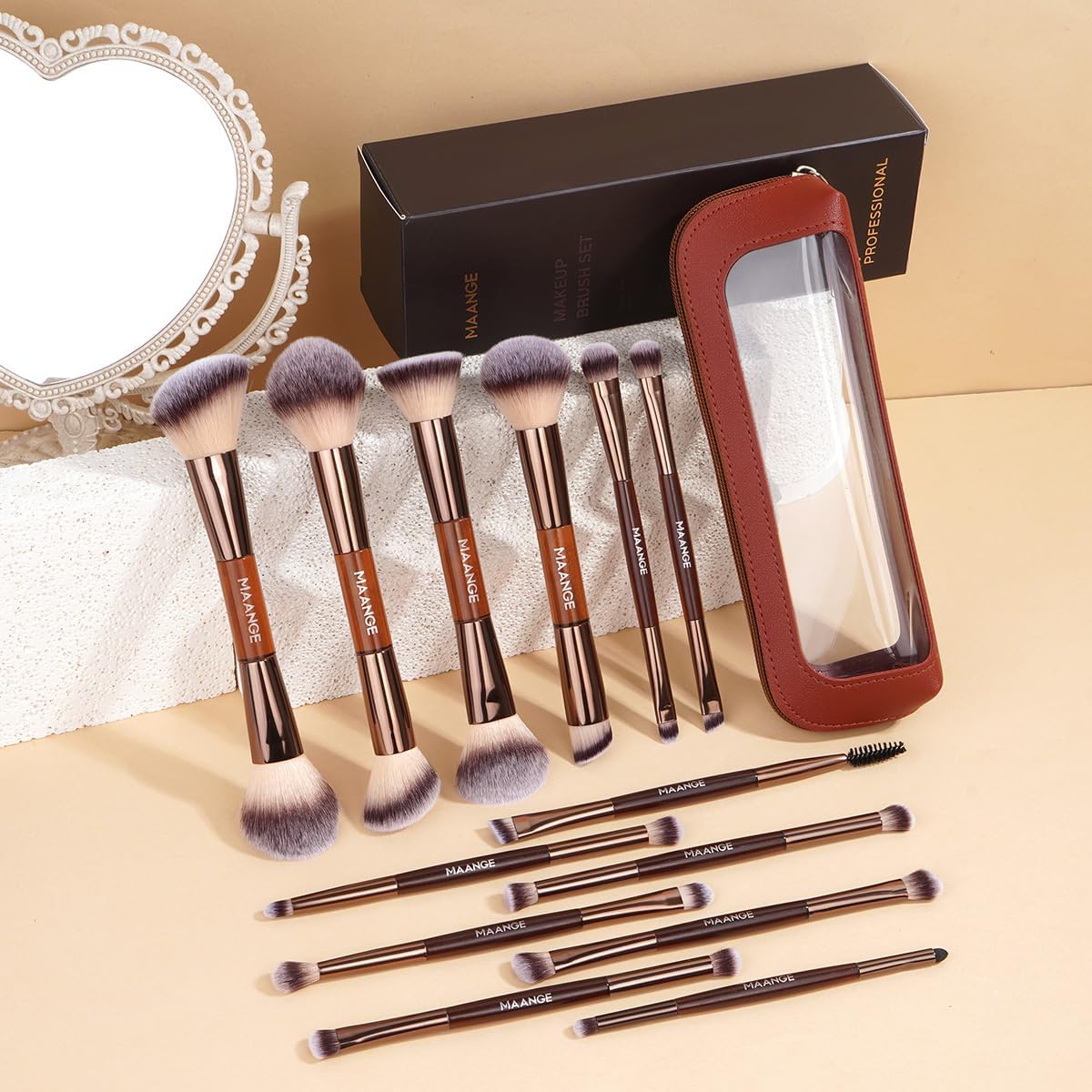 MAANGE 13-teiliges Make up Pinsel Set mit Etui – Professionelle Daily & Travel Schminkpinsel-Set für Foundation,Puder & Lidschatten, Doppelseitiger Makeup Pinsel, Kaffee Gold – Bild 2