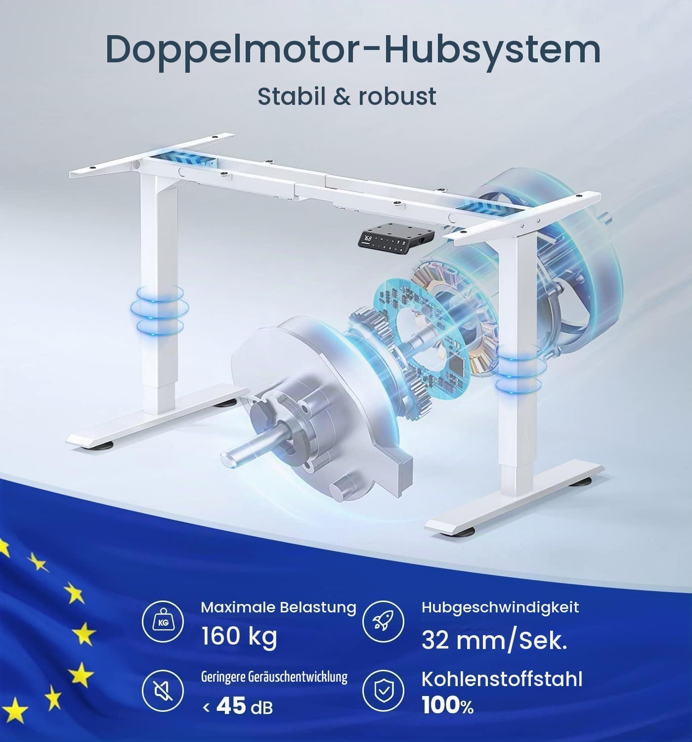 MAIDeSITe höhenverstellbarer elektrisher Schreibtisch mit 2 starken Motoren, höhenverstellbares tischgestell 2 teiligen Beinen sowie auch 4 Memory-Steuerung und Kollisionschutz Funktion(Weiß) – Bild 5