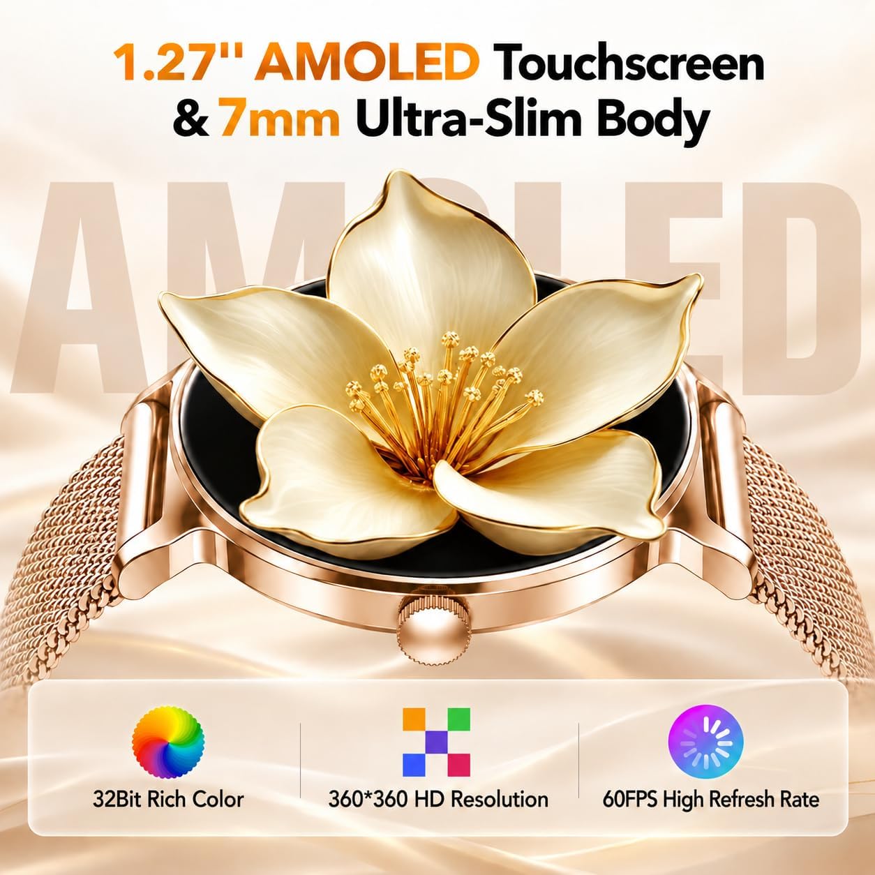Smartwatch Damen mit Telefonfunktion, 1,27-Zoll AMOLED-HD Voll-Touchscreen Smartwatch, 120+ Sportmodi, IP68 Wasserdicht Fitness Tracker mit Herzfrequenz, Schlafmonitor für iOS Android, Rotgold – Bild 2