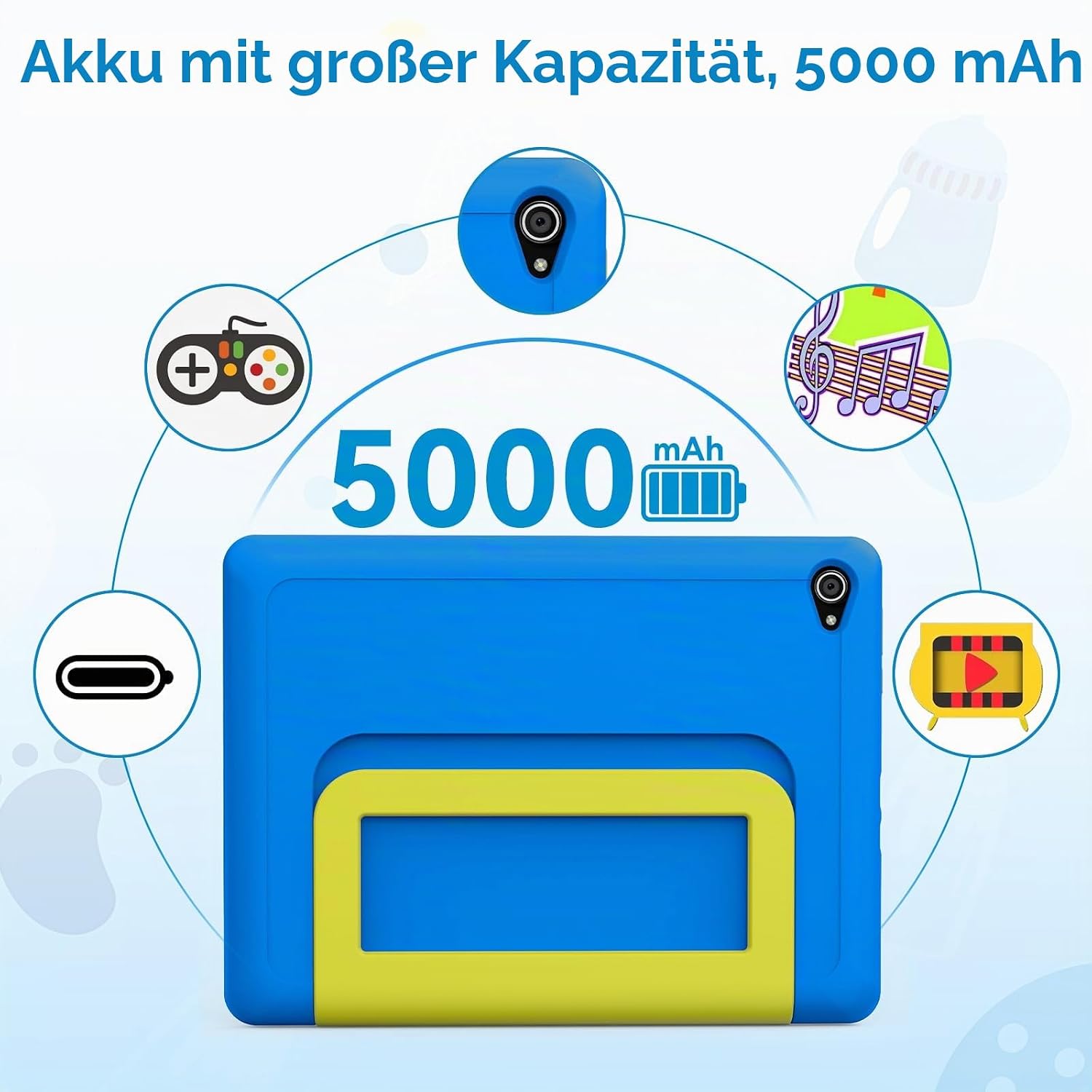 Kinder Tablet 10 Zoll, Android Tablet für Kinder mit 20 GB RAM+64GB ROM(TF 1TB), Octa Core, Wi-Fi 6G, Widevine L1, 5000mAh, Type-C, Sturzsicherer Schutzhülle Blau – Bild 4