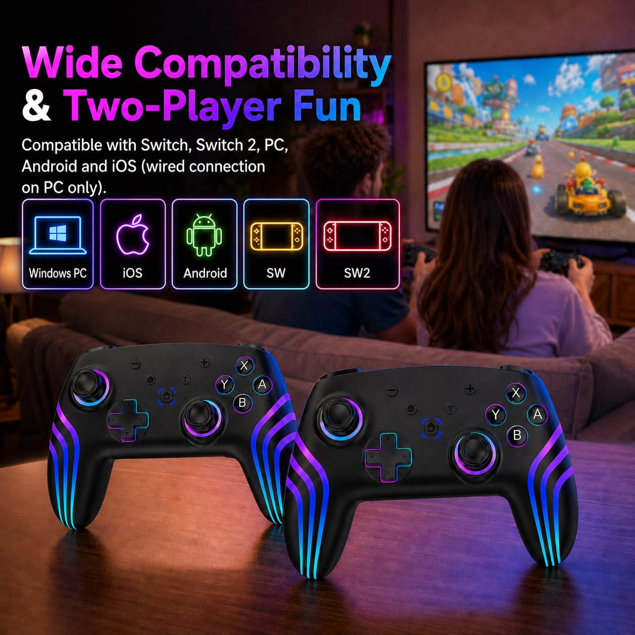Riscvma 2pcs Switch 2 Controller für Switch/Switch 2/Lite/OLED/PC, Controller für Switch mit 7 Farbwechselnde RGB Beleuchtung/Dual Vibration/6 Achsen Gyroskop/Turbo, Ergonomisch Präzise Joystick – Bild 7