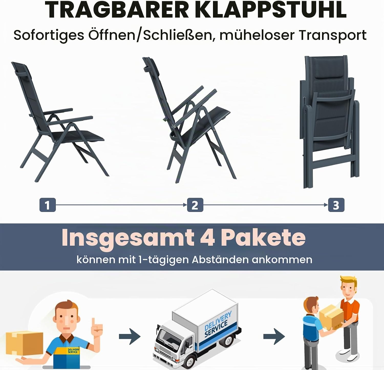 Devoko Gartenmöbel Set 6 stühle mit Tisch, Bestehend aus 1 Aluminiumtisch und 6 Klappstühlen für balkonmöbel. 1 x 150 cm Gartentisch mit Holzmaserung, Terrassenmöbel-Set, Dunkelgrau. – Bild 7