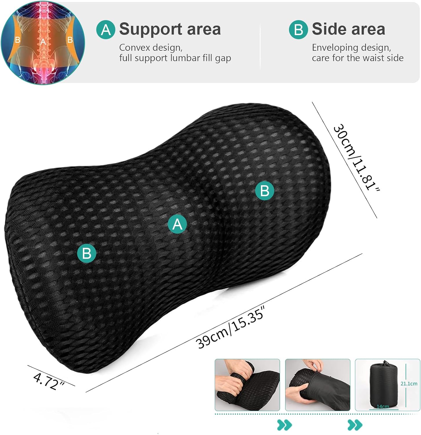 Ergonomisches Lendenwirbelstützkissen, Premium Memory Foam Rückenkissen für Bürostuhl, Auto & Gaming - Orthopädisches Design zur Schmerzlinderung im unteren Rücken, atmungsaktiver 4D-Netzbezug mit – Bild 2