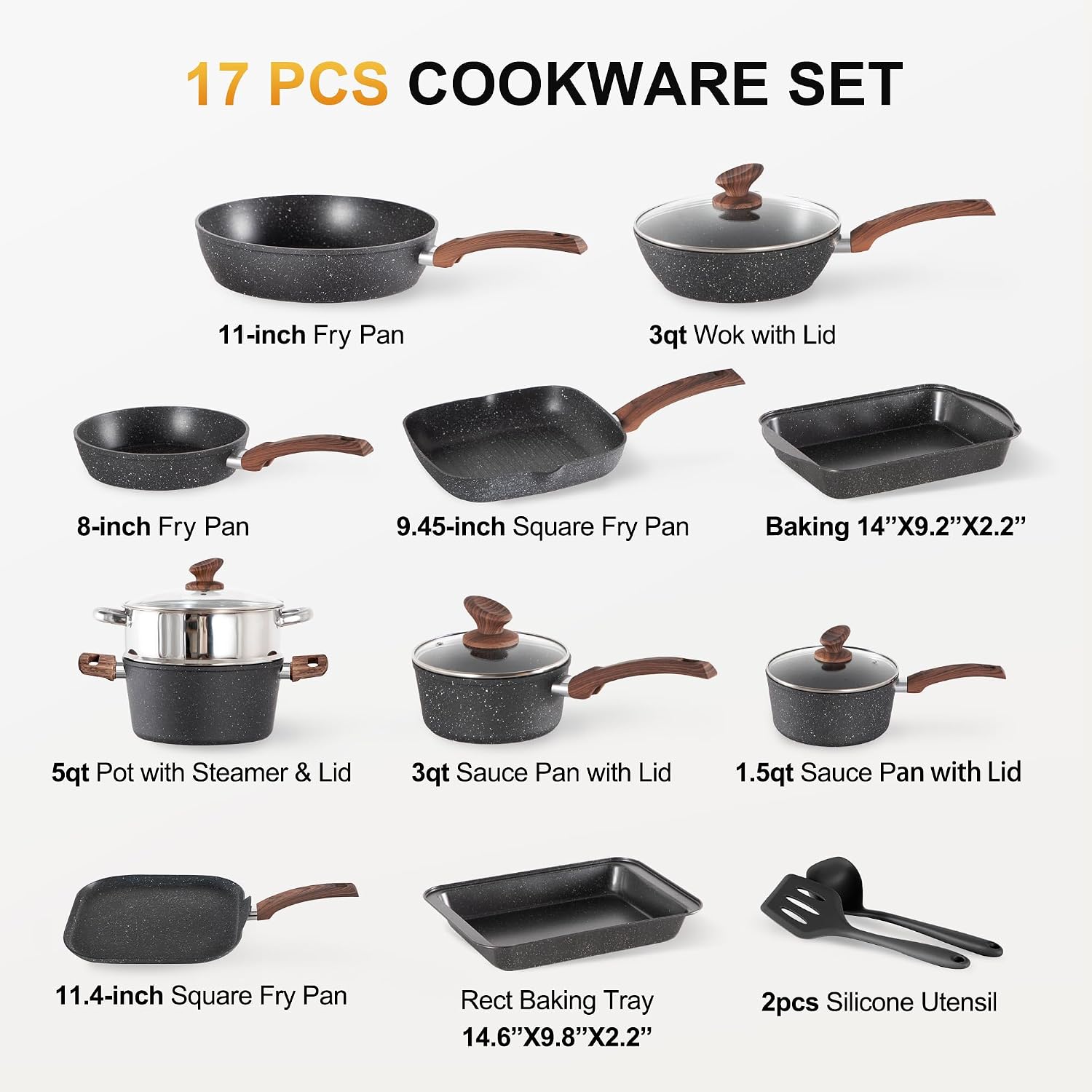 DishDelight Induktions-Kochgeschirr-Set mit Grillplatte 17-teiliges Induktions Töpfe Set Topf und Pfannenset mit Deckel Granit Antihaftbeshichtung Topfset Kochtopf – Bild 2