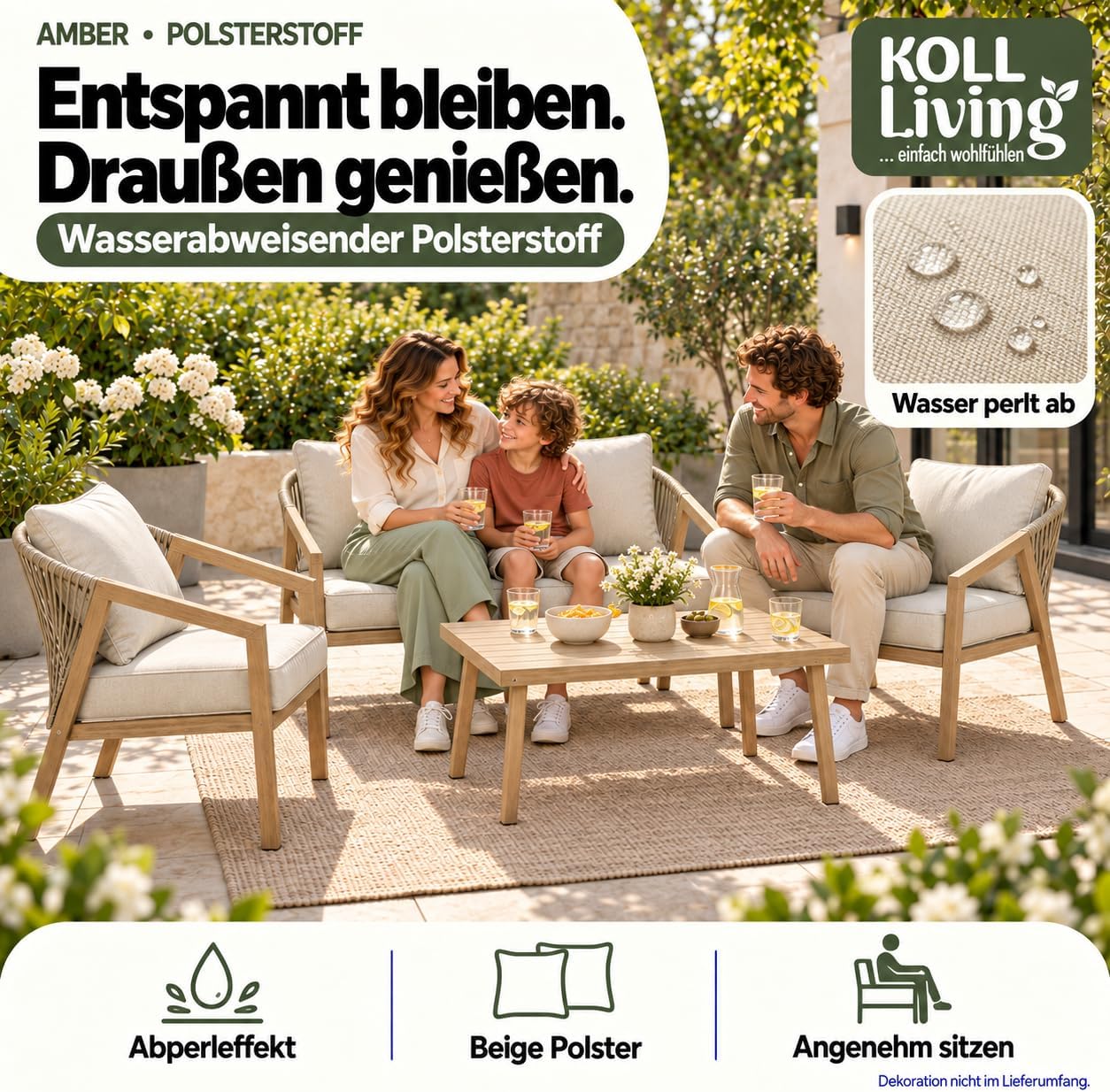 Koll Living Lounge-Set Amber | Outdoor Sitzgruppe mit Gartensofa, Gartensesseln & Tisch | Stahlgestellt in Holzoptik | Wetterfest & UV-beständig | Mix & Match Gartenlounge Beige/Braun – Bild 5