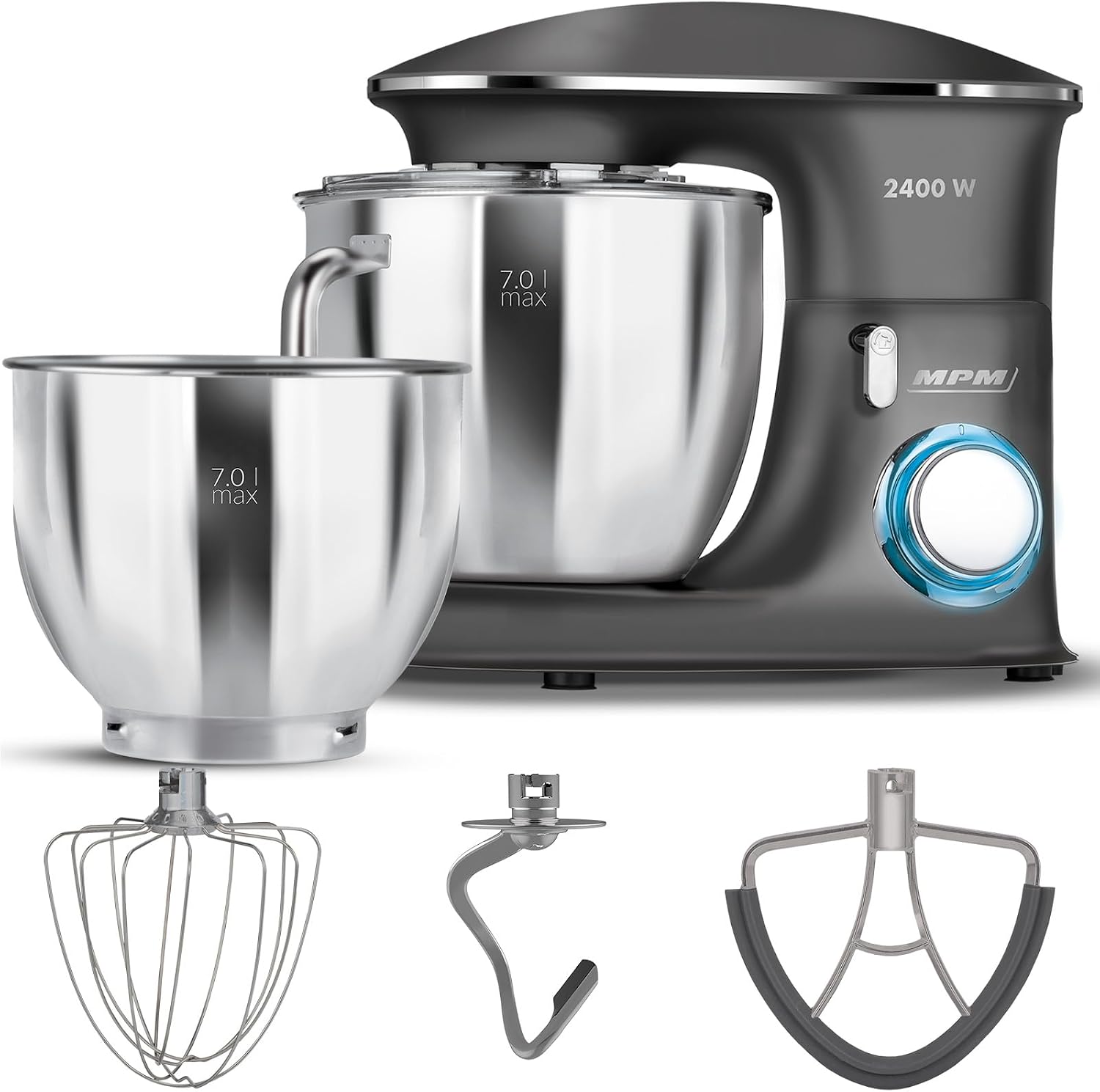 MPM Planetarische Küchenmaschine MRK-23 - Multifunktional Mixer Küche 7l - Küchengeräte Vielseitig Einsetzbar max. 2400W - Zwei Schüsseln - Drei wechselbare Rührbesen – Bild 8