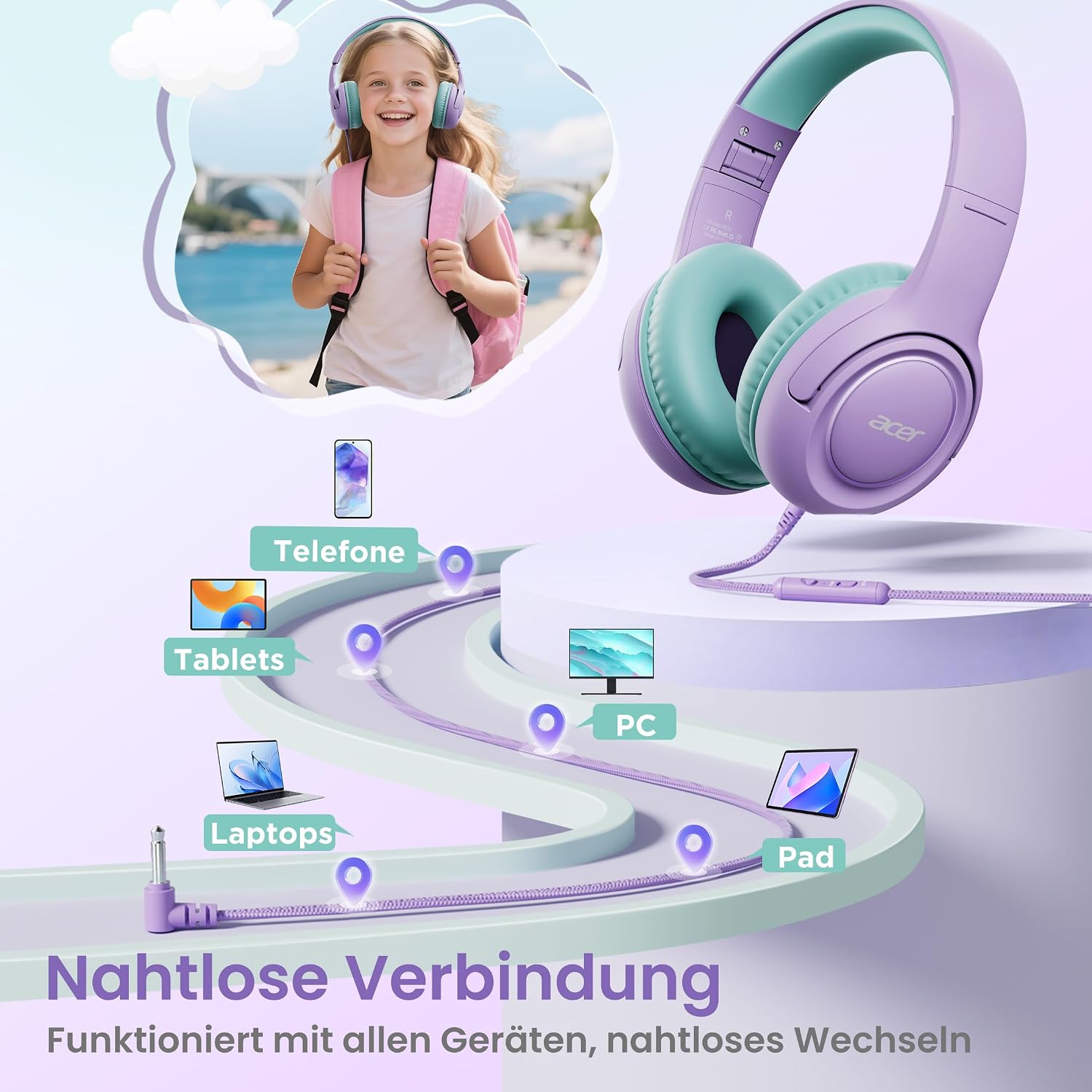 Acer Kopfhörer Kinder mit 3,5 mm Kabel, 85/94dB Lautstärkebegrenzung – Bild 5