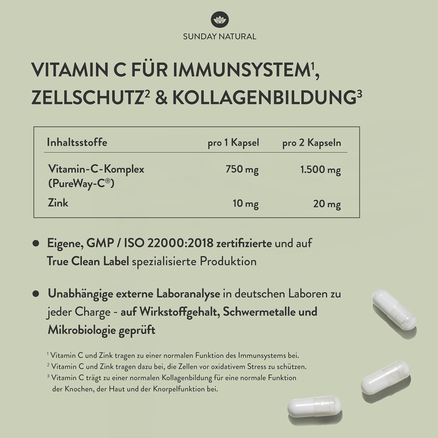 SUNDAY NATURAL® Vitamin C Zink – 1500 mg Vitamin C und Zink 20 mg pro Tagesdosis – exklusiver PureWay® Komplex aus den USA – schnelle Absorption, mit Bioflavonoiden – vegan – 240 Kapseln – Bild 3