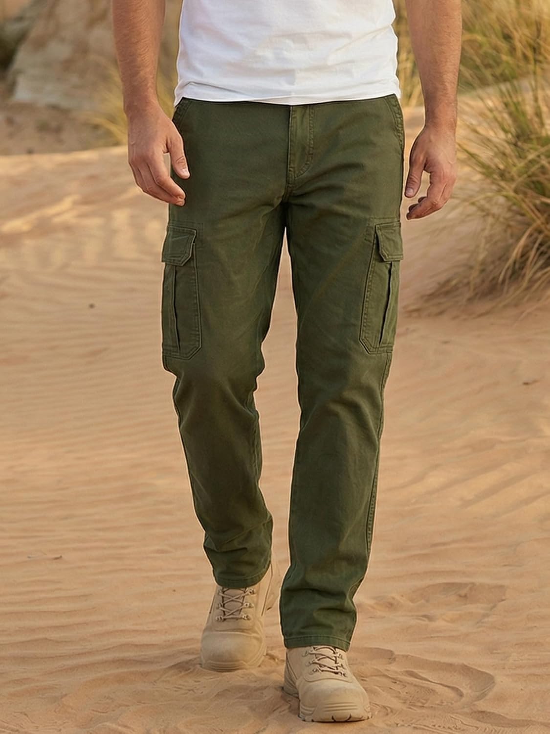 Runcati Herren Hose Regular Fit Cargohose Männer Einfarbig Casual Freizeithose Baumwolle Elastische Taille Jogginghose Outdoor Sporthose mit Taschen – Bild 4