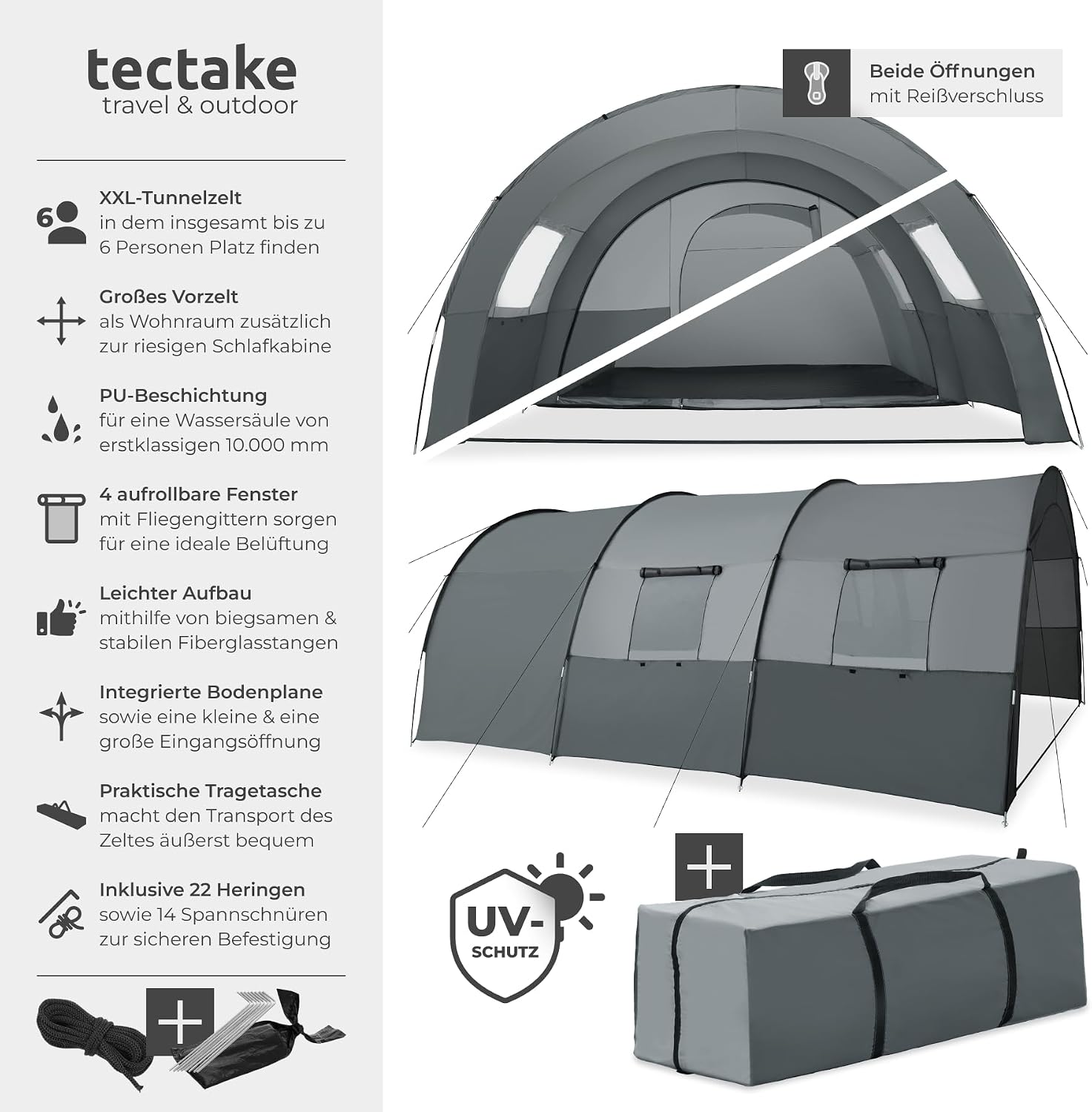 tectake® Tunnelzelt, 6 Personen, Familienzelt, Zelt groß mit Vorzelt und Bodenplane, UV-Schutz, Camping Zelt inkl. Tragetasche, 350 x 480 x 195 cm - dunkelgrau/hellgrau – Bild 2
