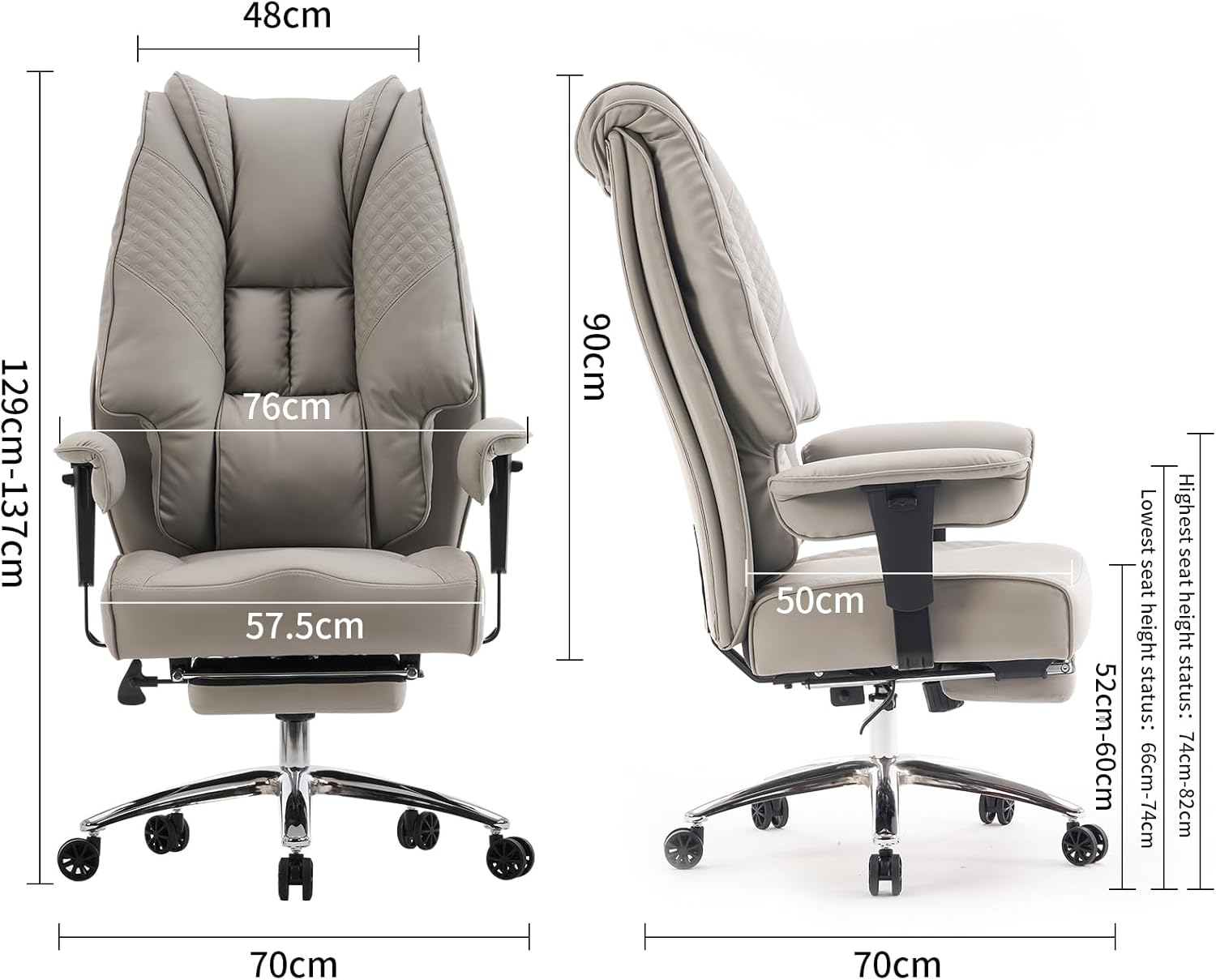 EXCEBET Chefsessel Bürostuhl Ergonomisch 200kg, Schreibtischstuhl mit Fußstütze und 14cm Taschenfederkern, Hochlehner aus Kratzfestem PU Leder, Drehstuhl mit Höhenverstellbaren Armlehnen (Hellgrau) – Bild 3