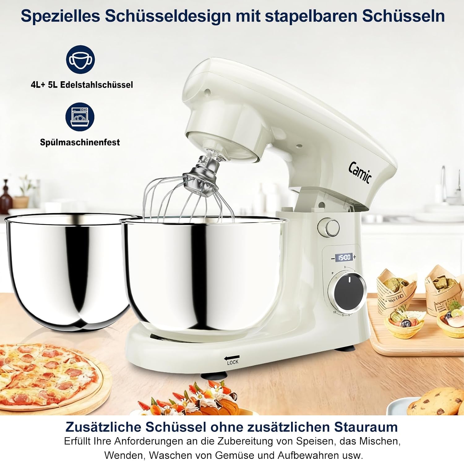 Camic Küchenmaschine mit LED-Display, Zeit Einstellen, Knetmaschine mit Rührhaken, Knethaken, Schlagbesen, 10 Stufen, 2 Edelstahlschüsseln 4L+5L, für Teig, Brot, Pizza, Kuchen (White) – Bild 4