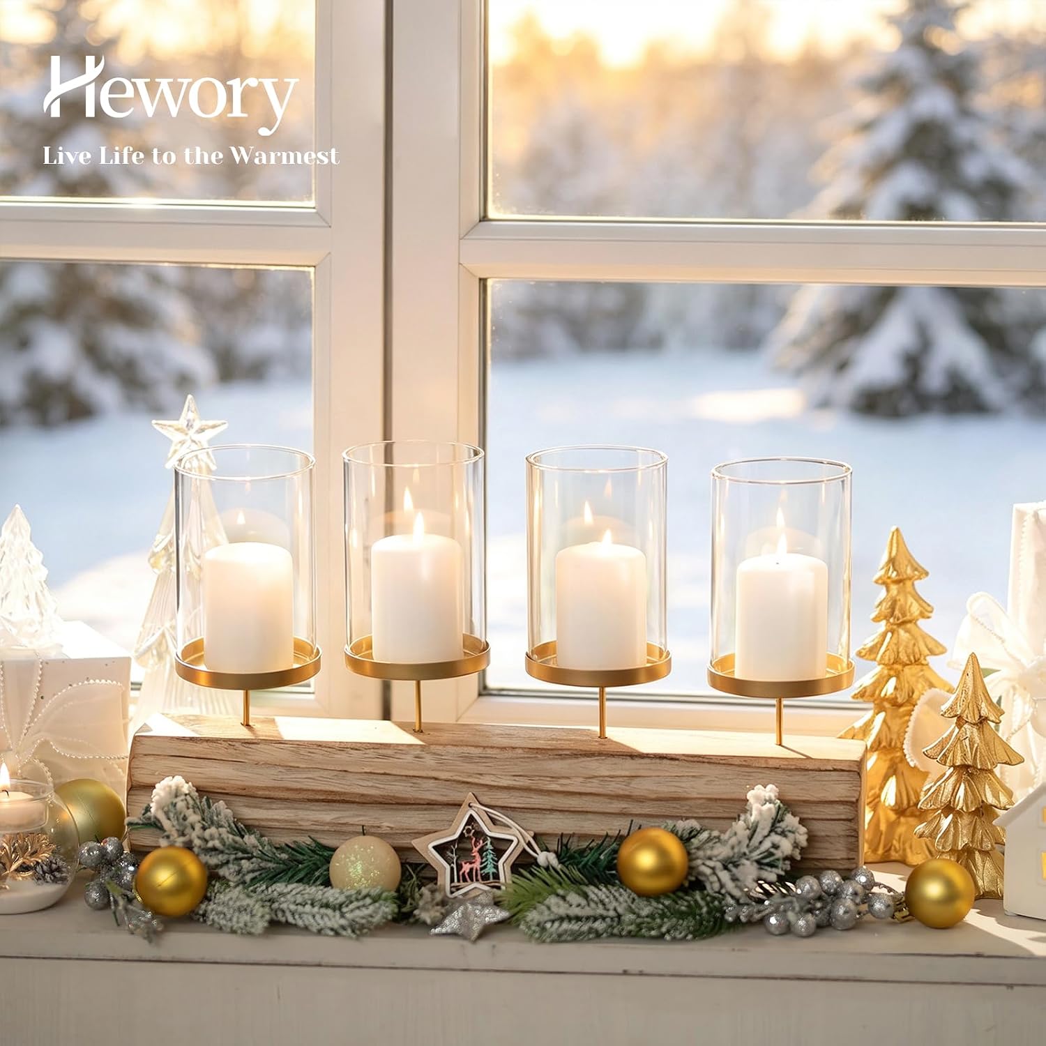 Hewory Adventskranz Kerzenhalter Gold mit Glaszylinder Deko 4er Set Ø8cm – Bild 3