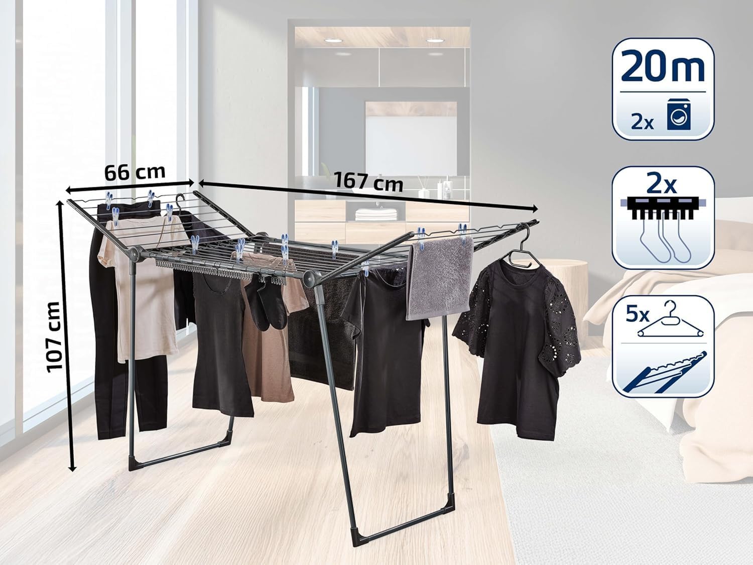 Leifheit Wäscheständer Pegasus 200 Solid Black, 20 m Trockenlänge, klappbar – Bild 6