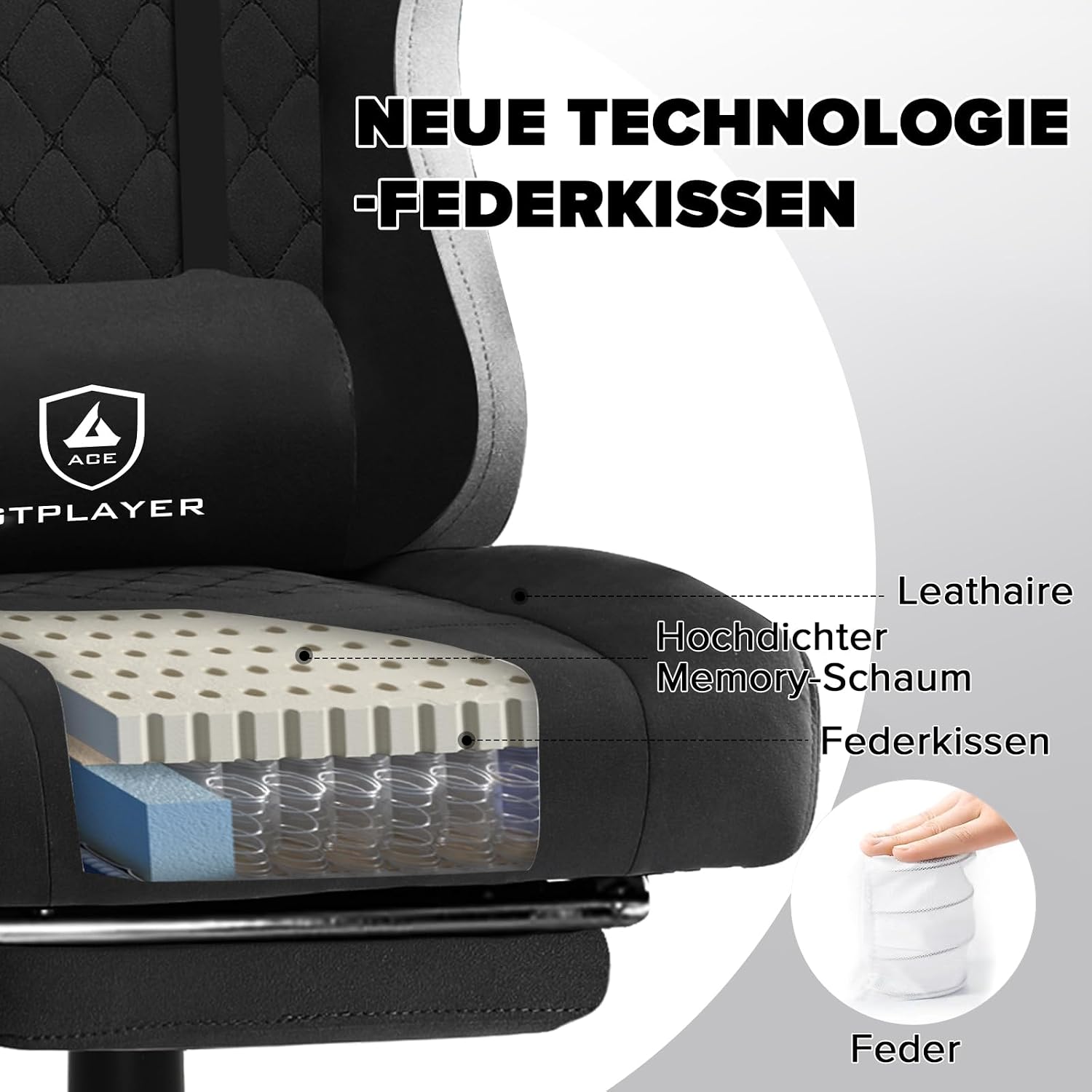 GTPLAYER Gaming Stuhl Ergonomischer Gaming Sessel Schreibtischstuhl mit Stoffoberfläche, Federsitzkissen, Verbindungsarmlehnen und Fußstütze 150KG, hellschwarz – Bild 7