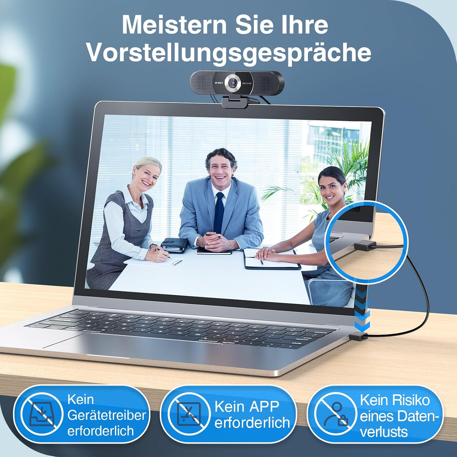 EMEET C980 Pro 4K Webcam mit Lautsprecher & Mikro, 3-in-1 für Meetings 3-in-1 Audio & Video|4 Clear-Mics mit ANC|2 Audio-Lautsprecher|60°-98° Weitwinkel|Plug & Play via USB|Fester Fokus (FF) – Bild 2