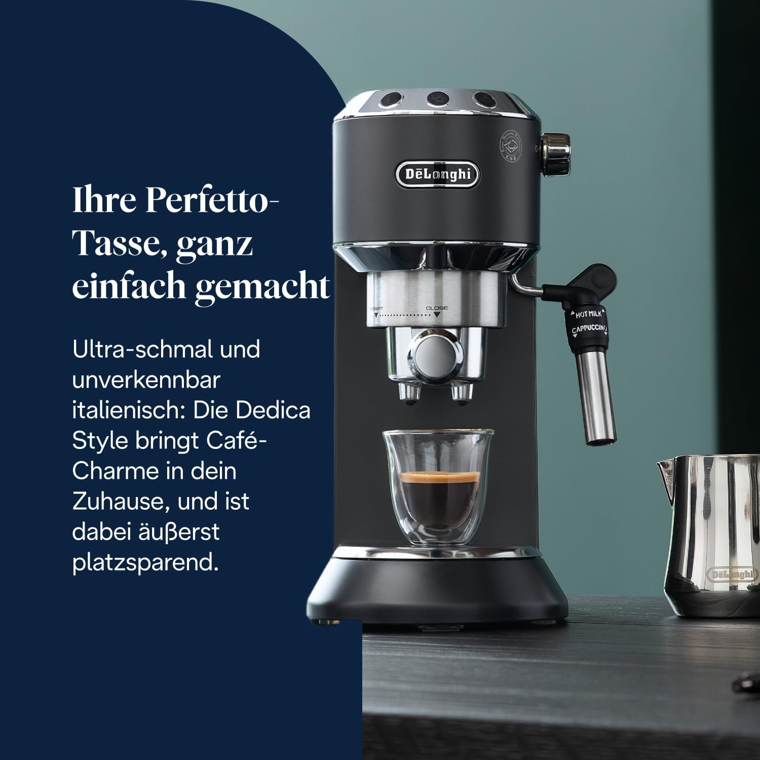 De'Longhi Dedica Style - Perfetto Kompakte Siebträgermaschine Espressomaschine mit Tasten, manuellem Milchaufschäumer für Espresso und Cappuccino, ESE Pad geeignet, 15cm breit, Schwarz (EC685.BK) – Bild 2