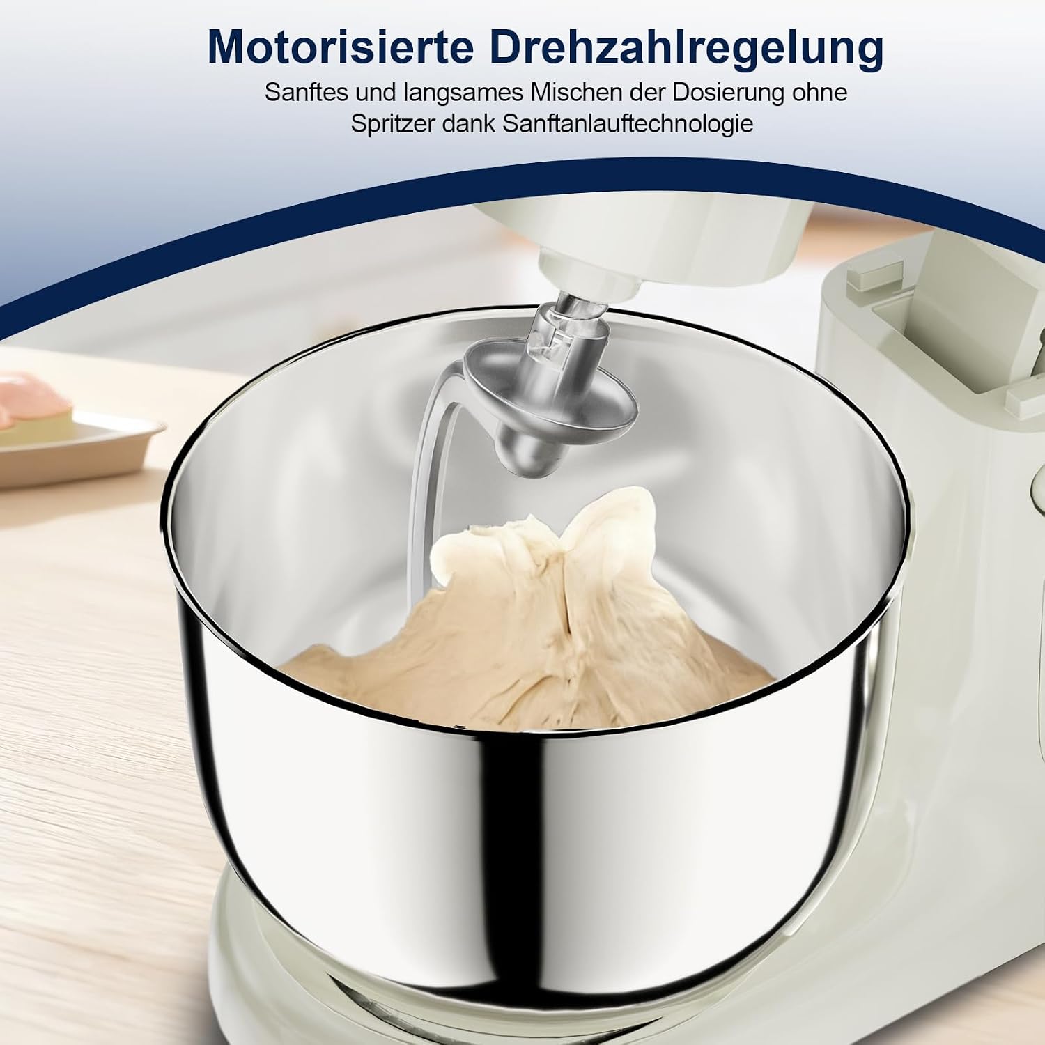 Camic Küchenmaschine mit LED-Display, Zeit Einstellen, Knetmaschine mit Rührhaken, Knethaken, Schlagbesen, 10 Stufen, 2 Edelstahlschüsseln 4L+5L, für Teig, Brot, Pizza, Kuchen (White) – Bild 8