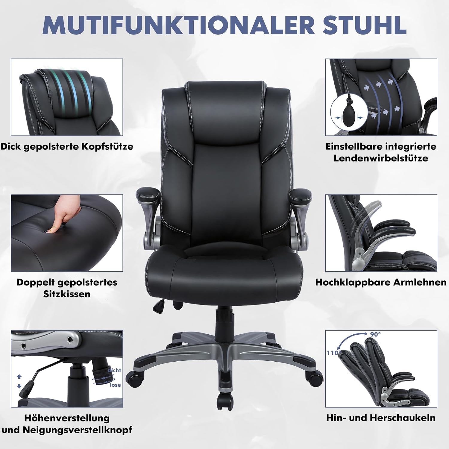 COLAMY Bürostuhl mit Hoher Rückenlehne, Ergonomischer Computer-Schreibtischstuhl, Lederstuhl mit Gepolsterten Klapparmlehnen, Verstellbarer Neigungsverschluss, Drehstuhl für Erwachsene, Schwarz – Bild 5