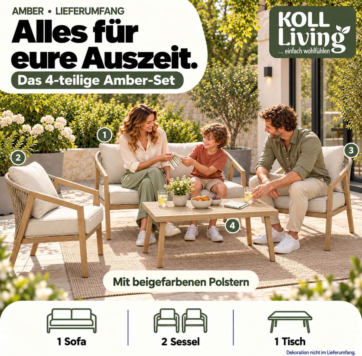 Koll Living Lounge-Set Amber | Outdoor Sitzgruppe mit Gartensofa, Gartensesseln & Tisch | Stahlgestellt in Holzoptik | Wetterfest & UV-beständig | Mix & Match Gartenlounge Beige/Braun – Bild 8