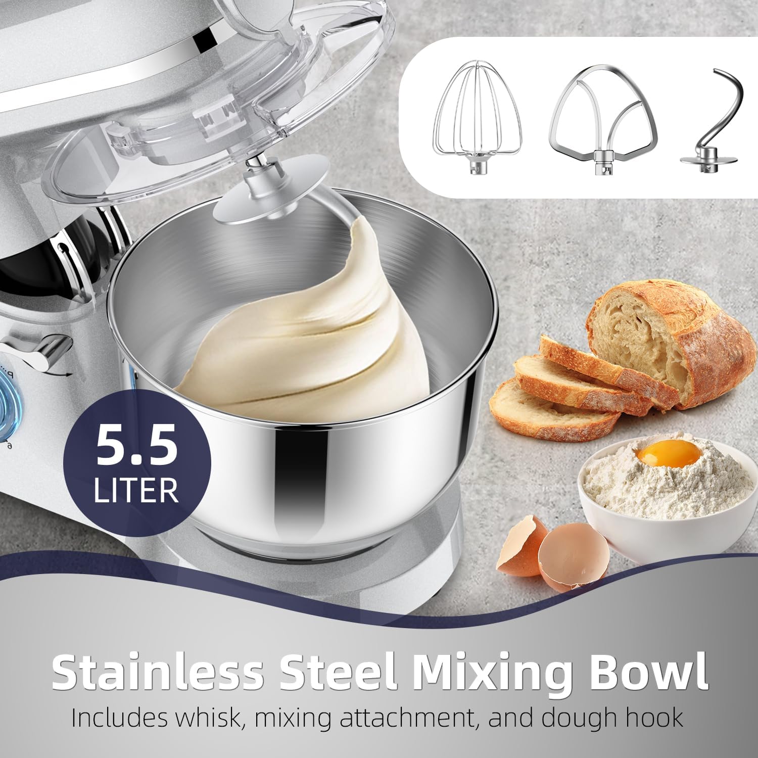 Homlee 3 in 1 Universal Küchenmaschine 2000W Multifunktionale Knetmaschine 6-stufige Gescheindigkeit Mixer, mit Fleischwolf, 1.5L Saftpresse, 5.5L Edelstahlschüssel knetmaschine – Bild 3