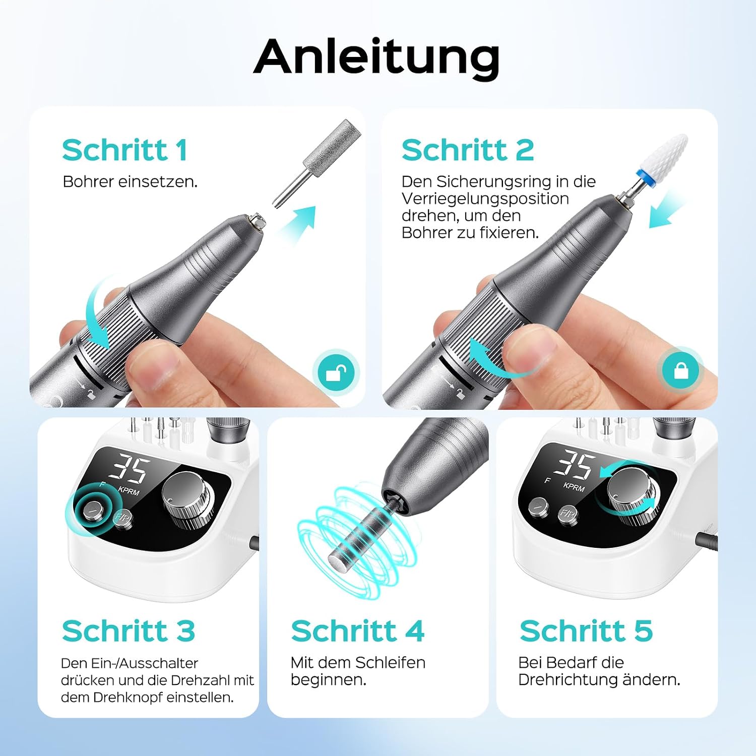 COSLUS E50 Elektrische Nagelfräser Professionell Set 35000 U/min , Weiß – Bild 7