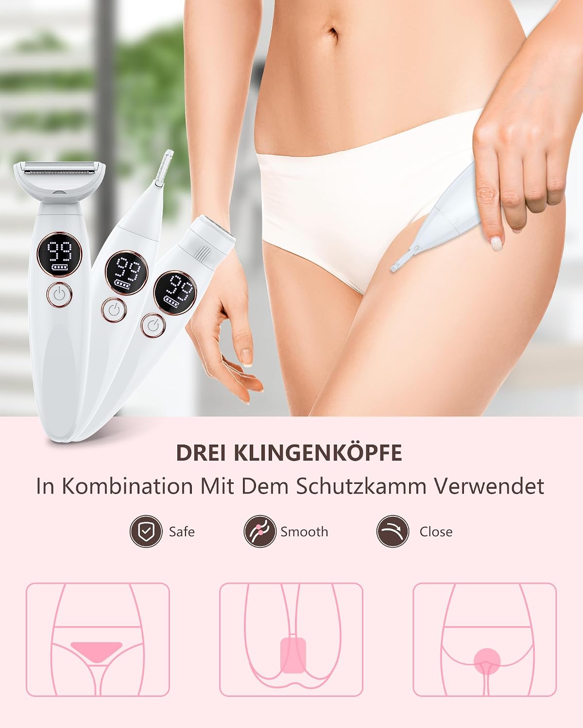 Rasierer Damen,3-In-1 Intimrasierer für Frauen,Gesichtshaarentferner für Frauen,Damenrasierer Elektrisch Nass-Trockenrasierer Ipx7 Wasserdicht Trimmer Damen,für Bikinizone Achseln Beine,USB-Aufladung – Bild 4