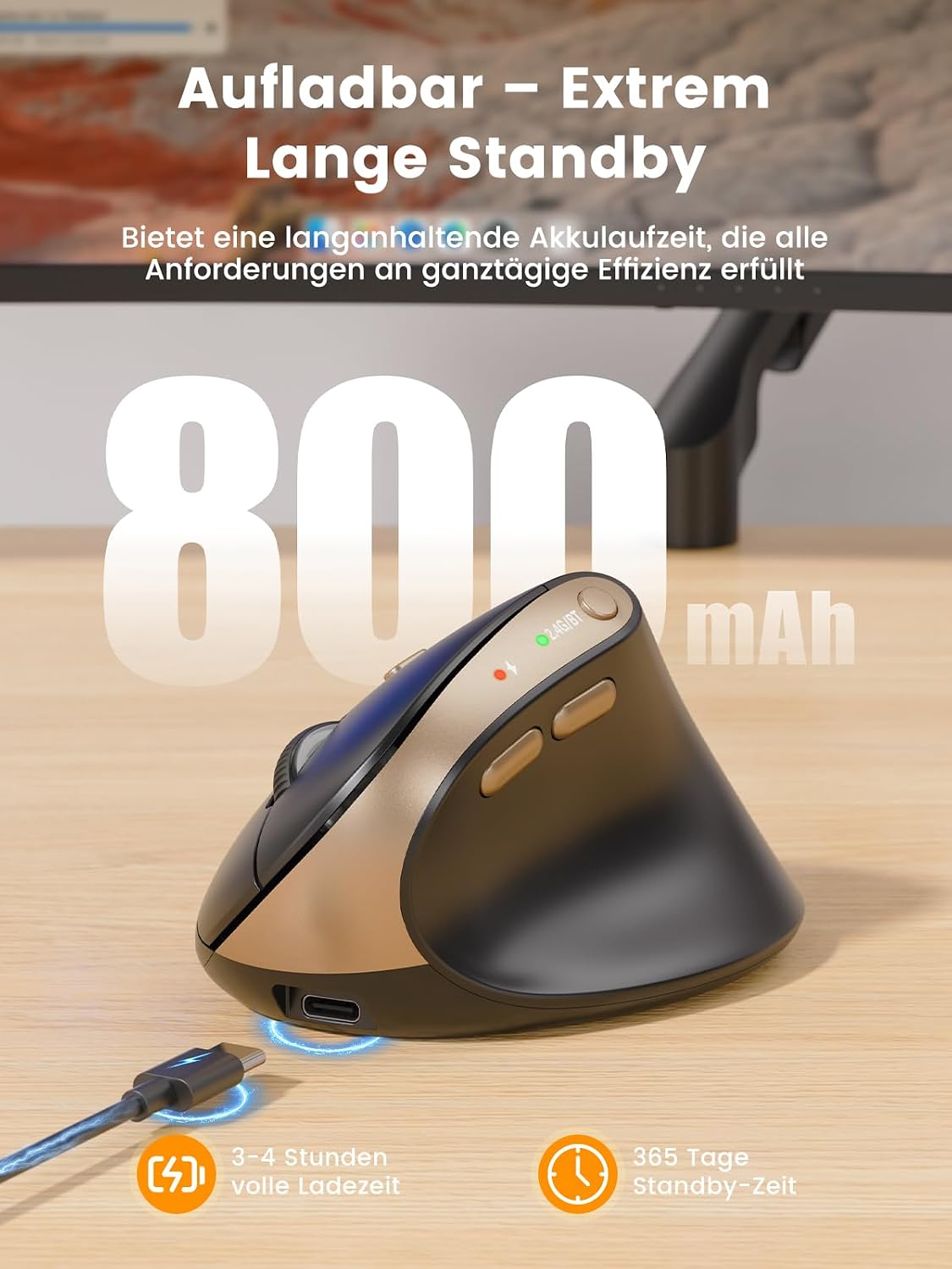 SABLUTE MAM3 Ergonomische Vertikale Maus, Bluetooth, Wiederaufladbare – Bild 5
