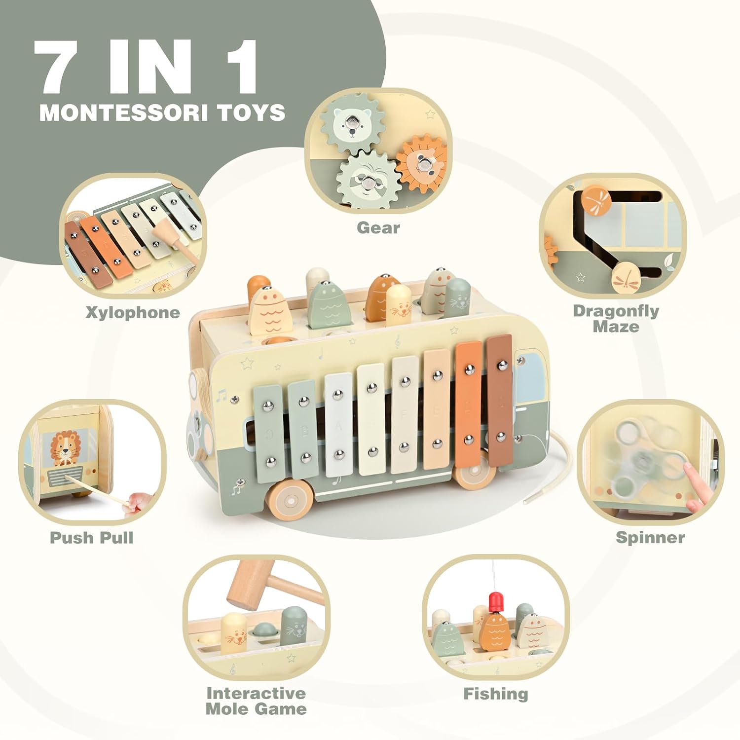 Vanplay Montessori Spielzeug ab 1 Jahr, 7 in 1 Hammerspiel Angelspiel Magnet Holzspielzeug Motorikspielzeug, Xylophon Kinder 1 Jahr, Geschenk Kinderspielzeug ab 1 2 3 Jahre Mädchen Junge – Bild 2