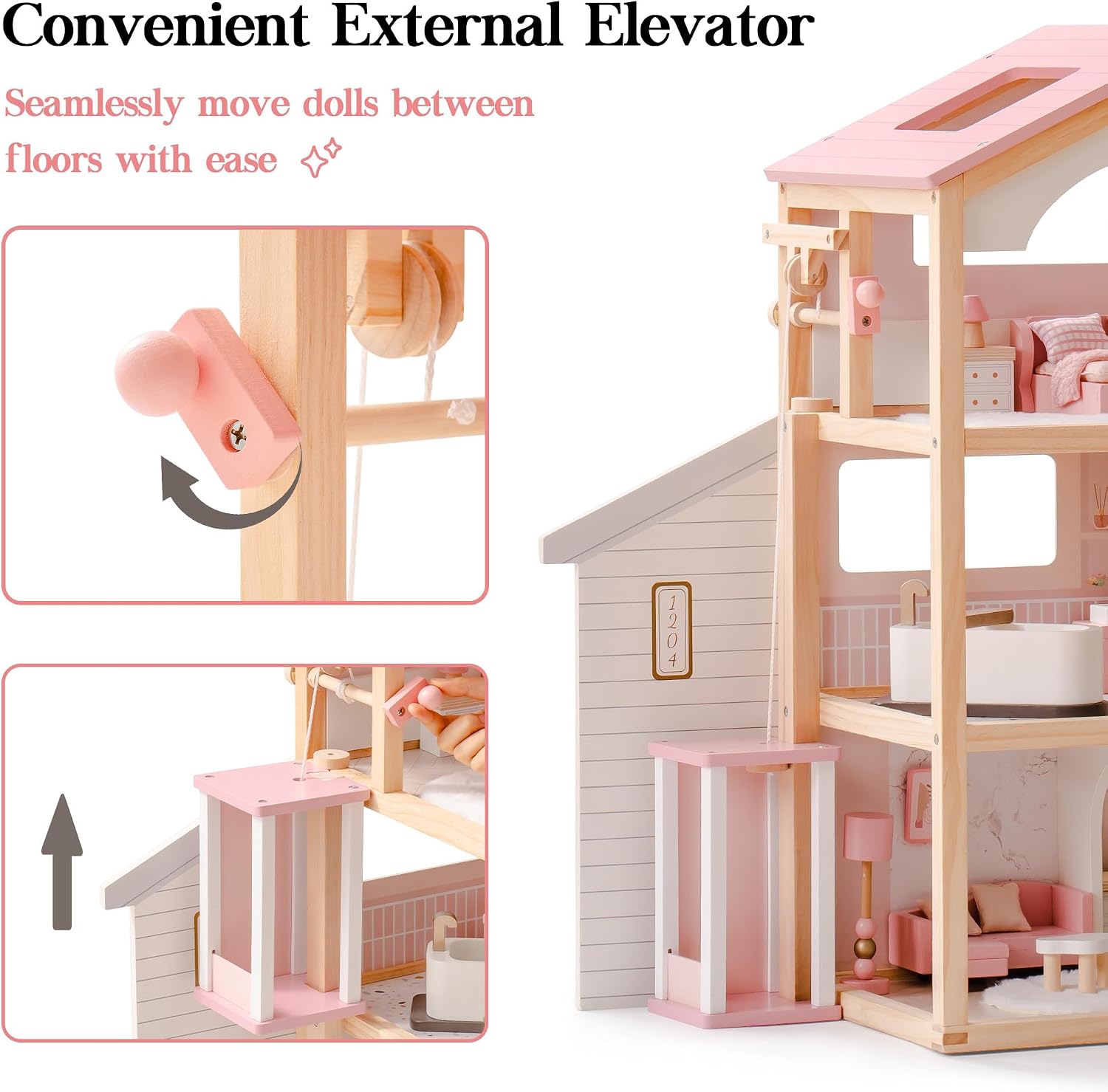 ROBUD Puppenhaus aus Holz,Puppen-Villa mit Möbel,Mit Aufzug, Garage, Pavillon und Schwimmbad,Geschenk für Kinder ab 3, 4, 5, 6 Jahren und älter,Rosa – Bild 4