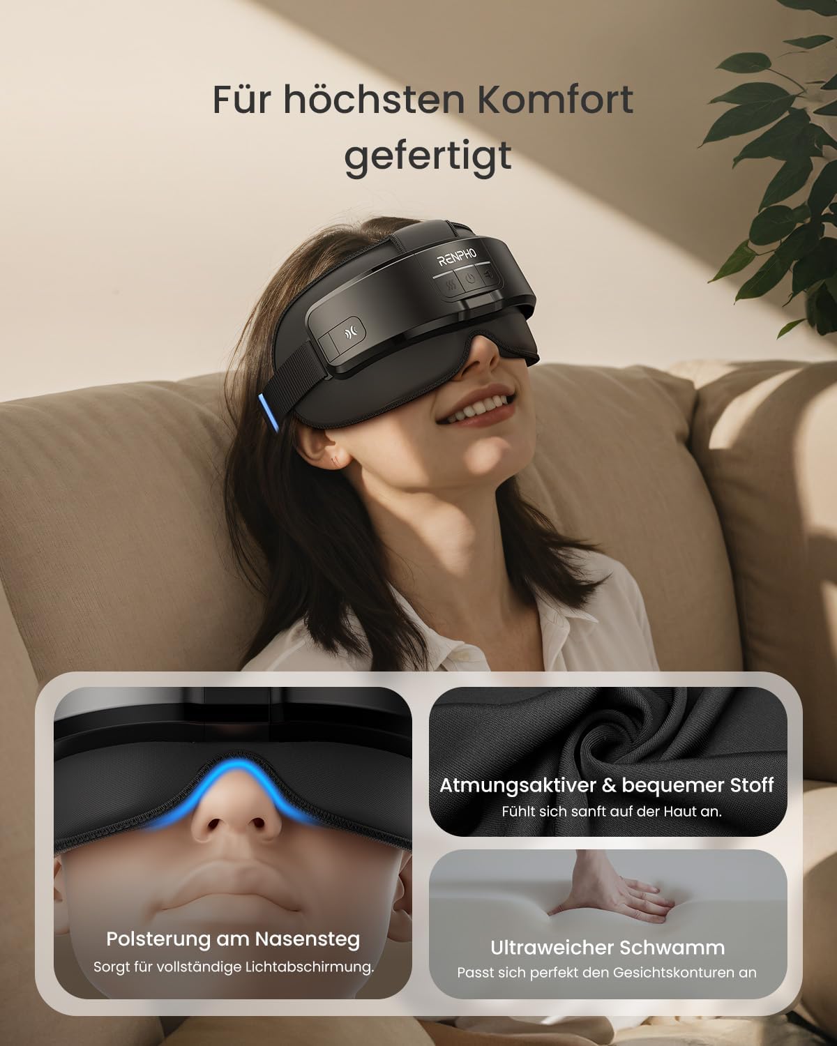 RENPHO Kopf und Augenmassagegerät mit Wärme, Elektrische Migräne Augenmaske – Bild 4