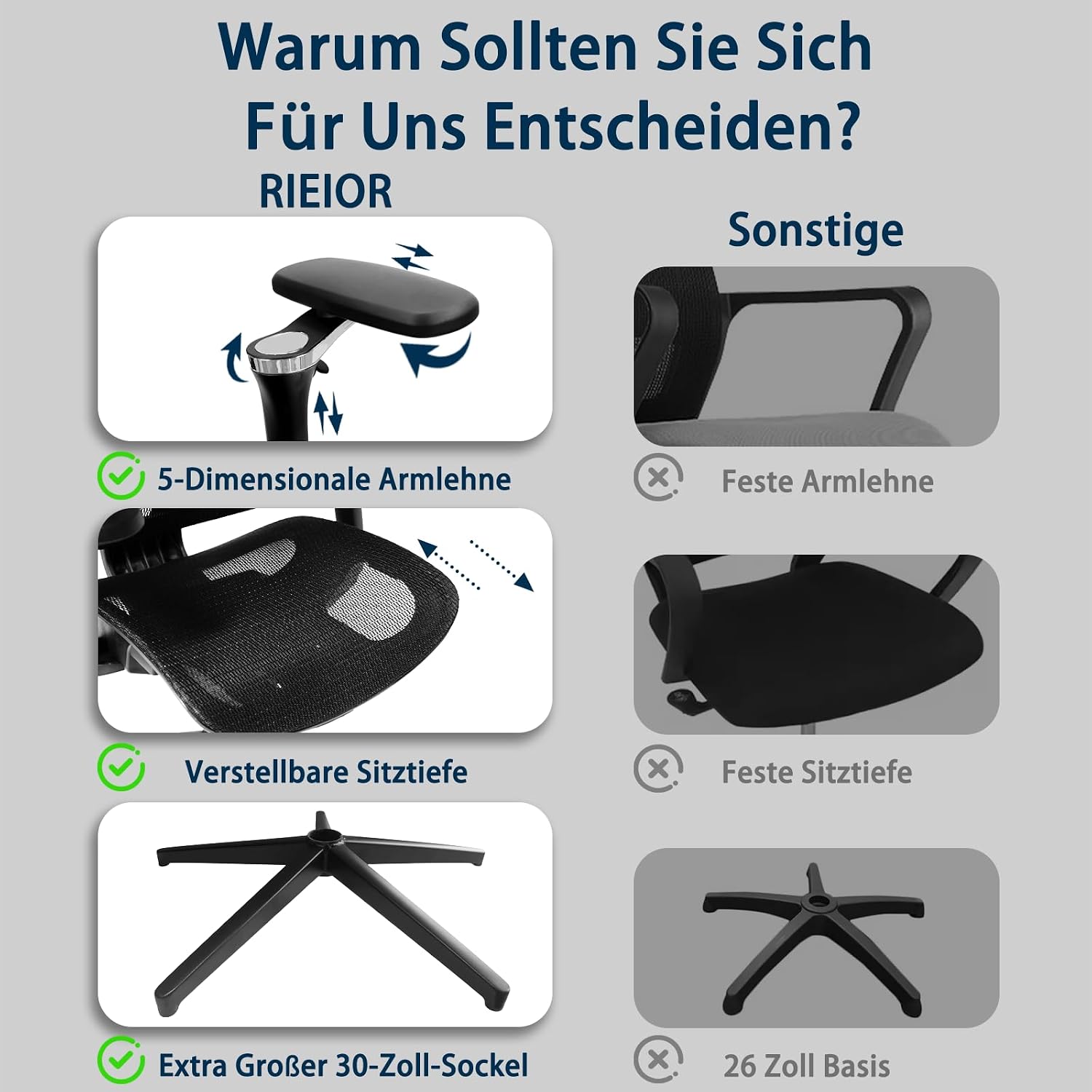 Ergonomischer Bürostuhl Große und Schwere mit Fußstütze, 5D Verstellbare Armlehnen, Lendenstütze, Netz-Rückenlehne, Verstellbare Sitztiefe, Drehbarer Gaming Stuhl Schwarz – Bild 6