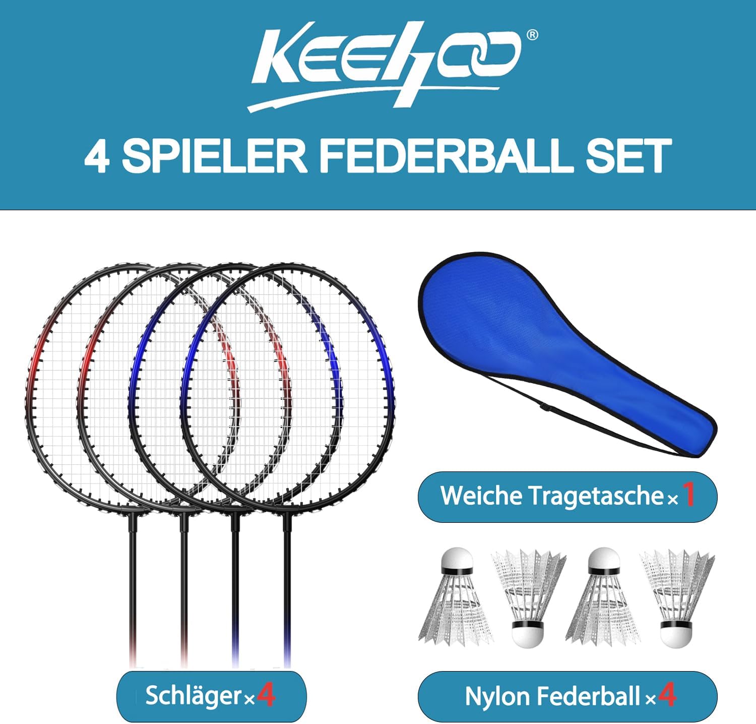 KH Federball Set Badminton Schläger Set 2-4 Spieler für Erwachsene Kinder, leicht und stabil, Schläger, Federbälle und Tragetasche im Lieferumfang – Bild 2