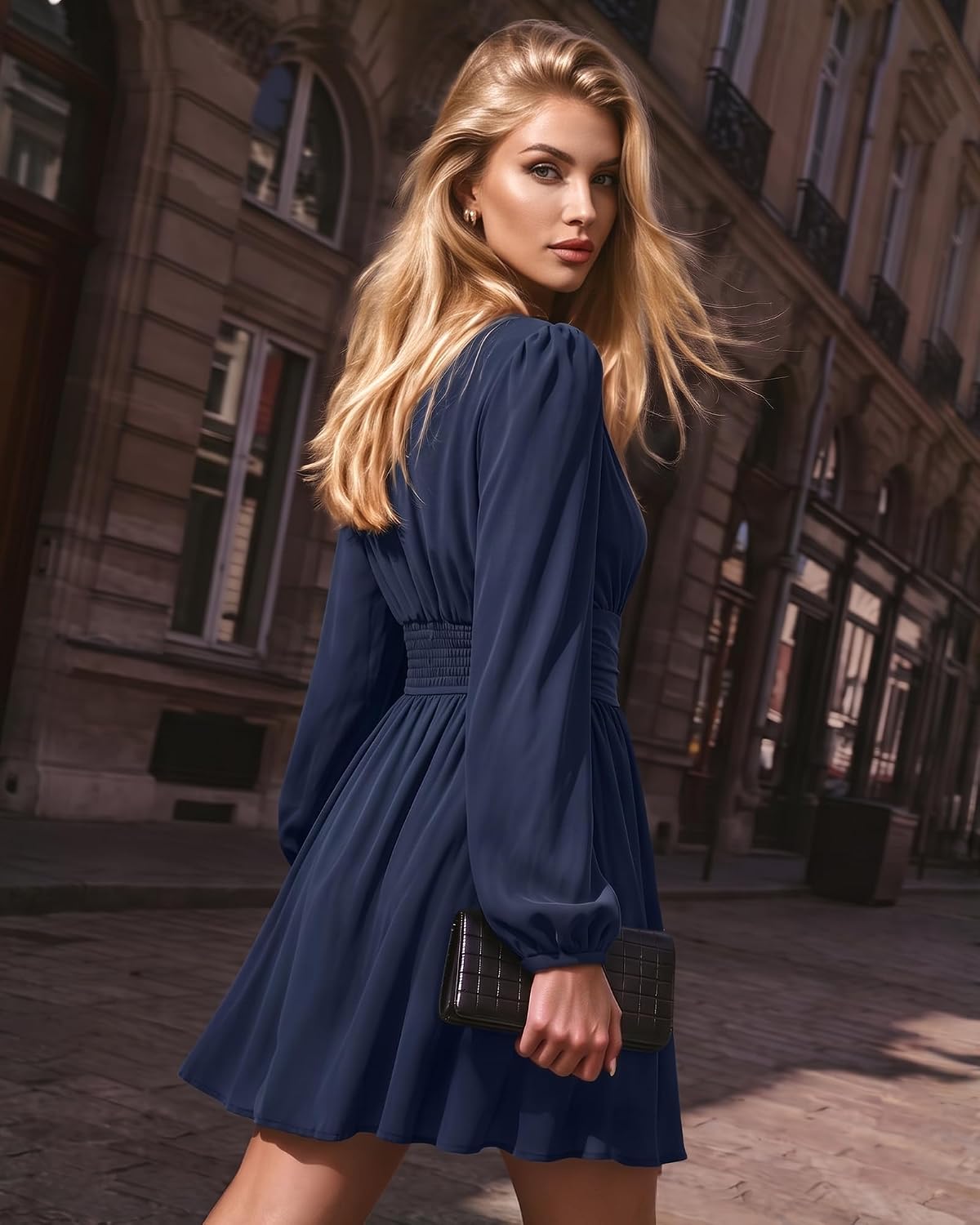 JasGood Damen Kleid Langarm Herbstkleid V-Ausschnitt Freizeitkleider – Bild 3