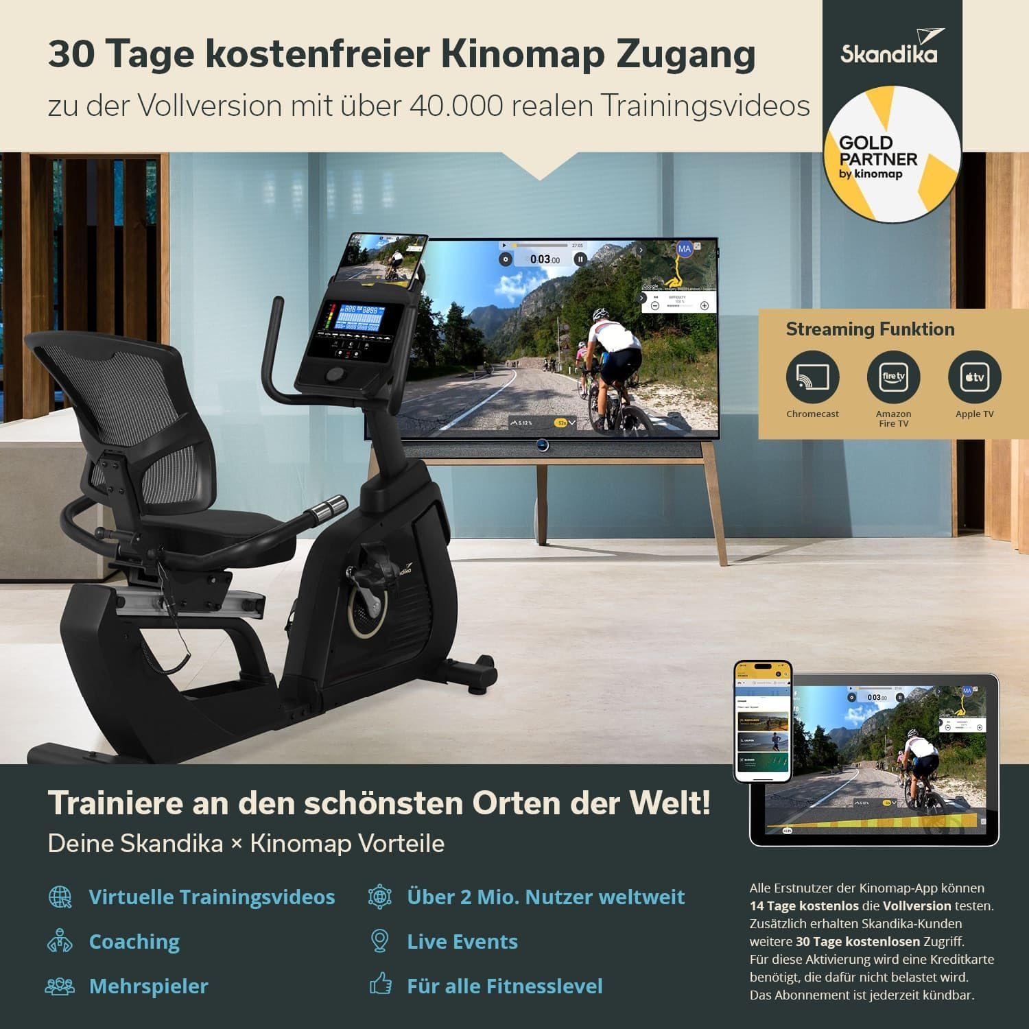 Skandika Liege-Ergometer P14 Comfort | Heimtrainer Fahrrad mit 32 Widerstandsstufen, bis 150 kg und 190 cm, Bluetooth, App-Konnektivität, leise, LCD-Display | Ergometer, Fitnessbike für zuhause – Bild 4