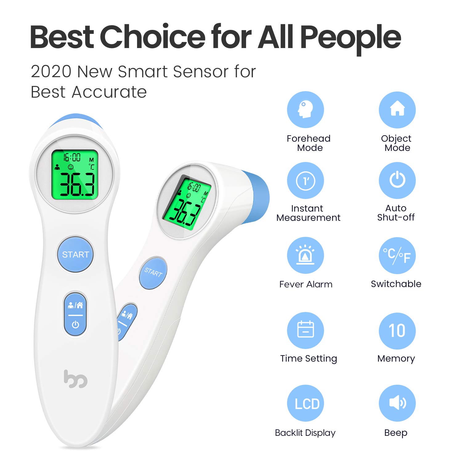 Fieberthermometer für Babys Kinder und Erwachsene, kontaktloses Stirnthermometer Infrarot Digital Thermometer mit Temperaturmessung in 1 Sekunde, Fieberalarm, weiß – Bild 2