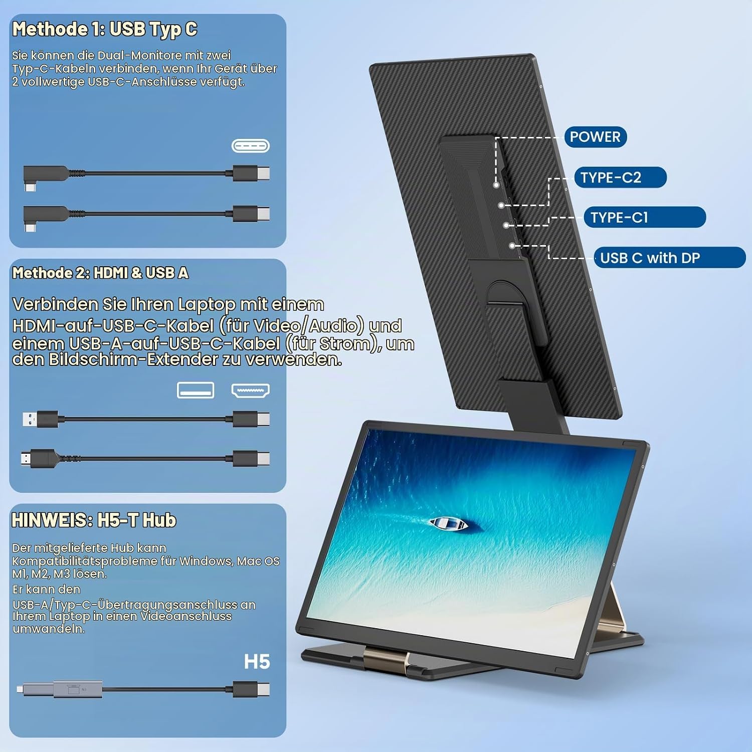 Laptop Bildschirm Erweiterung, 15.6” 1080P FHD Triple Laptop Monitor Erweiterung, Um 235° Drehbarer, Abnehmbarer Dreifach-Bildschirm für 13-17,3” Laptops, Plug & Play kompatibel mit Mac/Windows – Bild 5