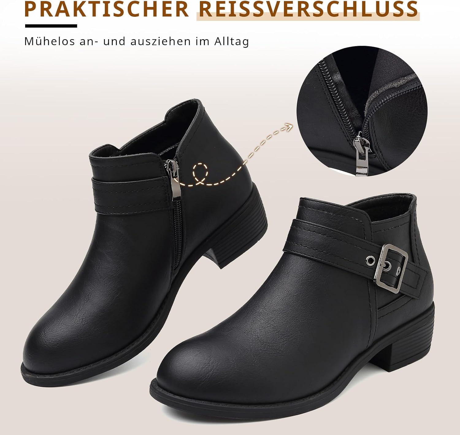 ziitop Stiefeletten Damen Schwarz mit Reißverschluss Elegante Boots Stiefel Damen Spitz Zulaufend Schnalle Western Chelsea Ankle Boots Herbst Winter Schuhe Ungefüttert Vielseitig Kurzstiefel – Bild 3