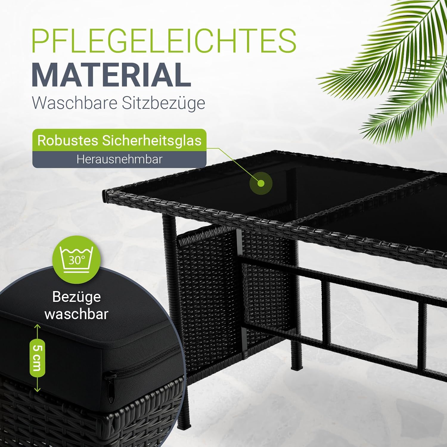 Juskys Polyrattan Lounge Manacor mit Ecksofa, Esstisch, 2 Hocker & Kissen - wetterfest bis 7 Personen - Bezüge waschbar - Rattan Garten Sitzgruppe Gartenlounge Gartenmöbel Set - Schwarz/Grau – Bild 3