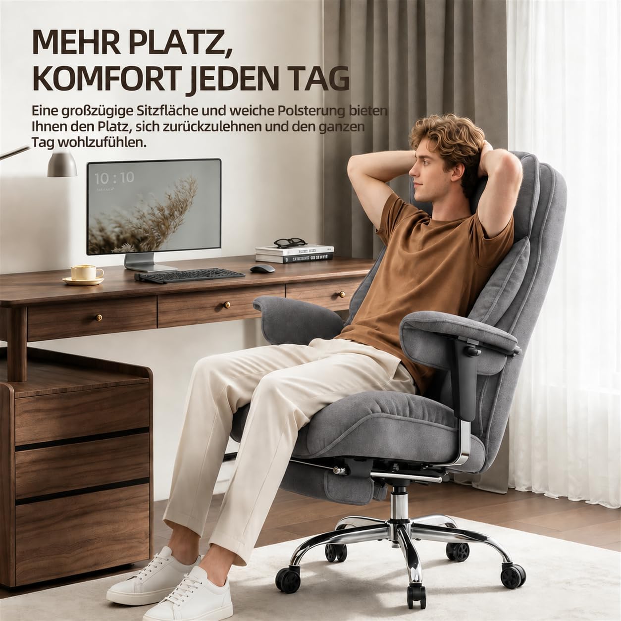 Efomao Bürostuhl, Stoffstuhl Ergonomisch mit Fußstütze, Komfortabler Polsterstuhl bis 200kg mit Lendenkissen & Nackenkissen, Höhenverstellbarer Schreibtischstuhl – Bild 4